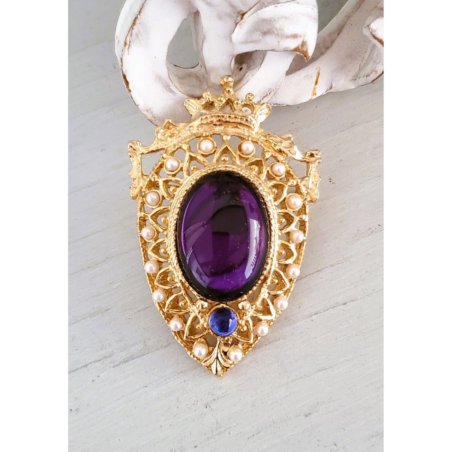 Vintage Purple Stone and Faux Pearl Crown Brooch
