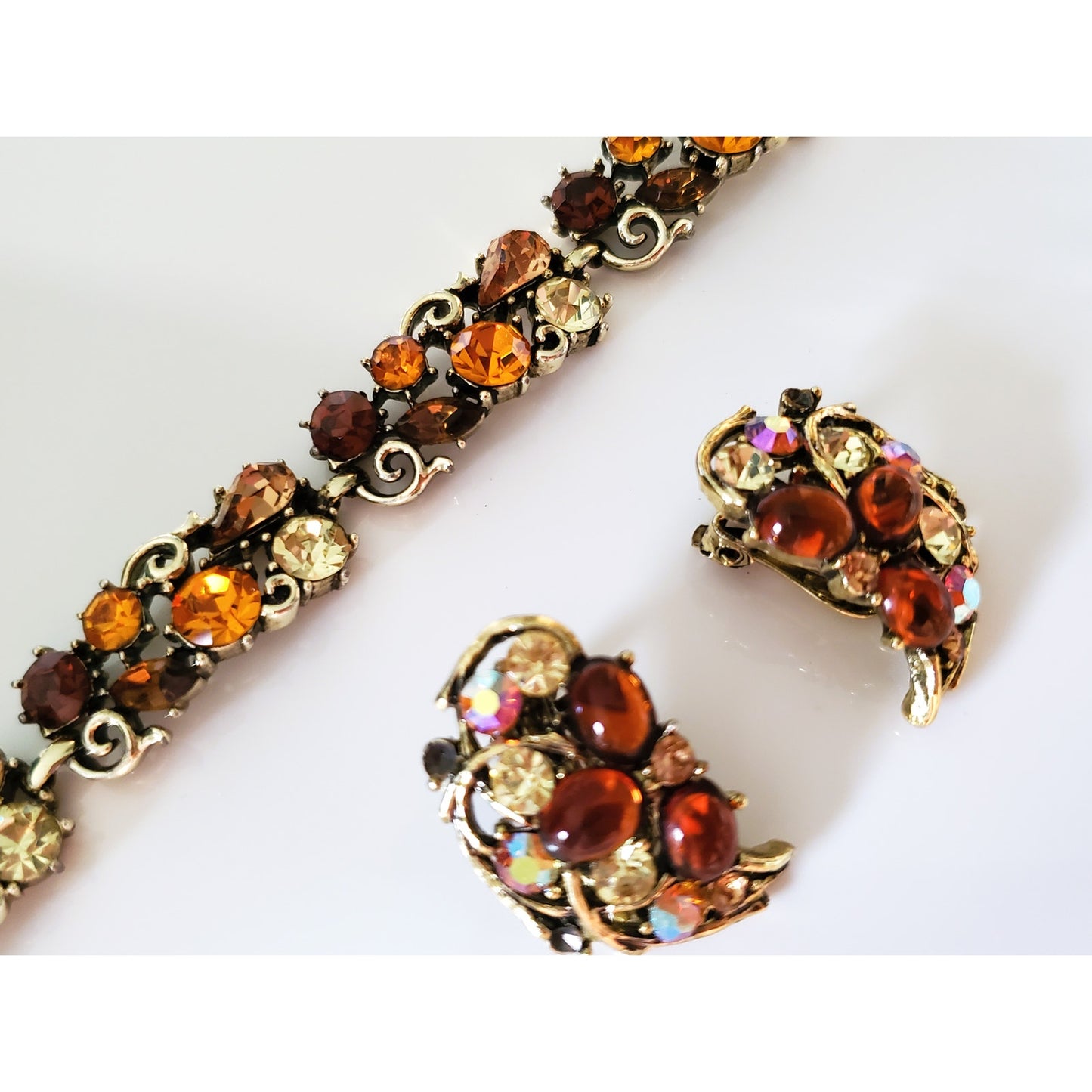 Vintage Mid-Century Weiss and Lisner Amber Rhinestone AB Jewelry Set