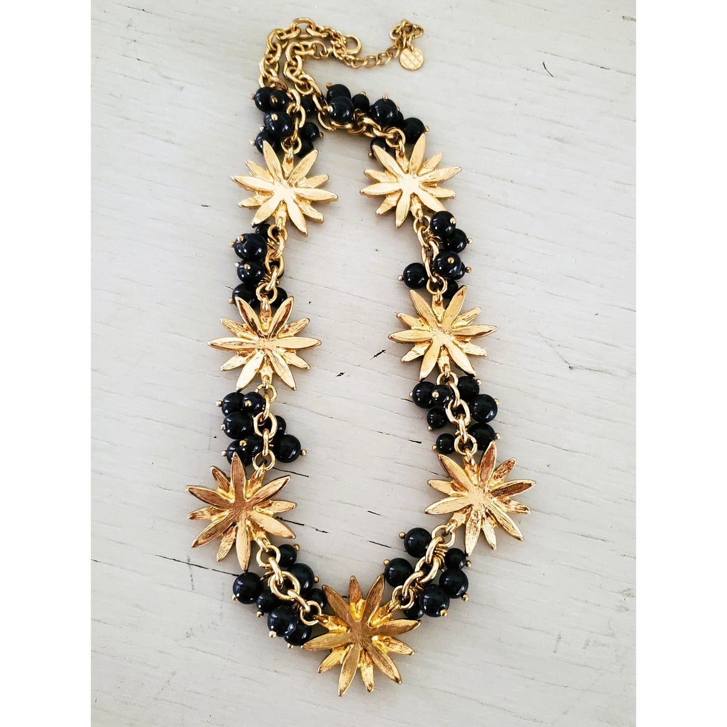 Talbots Navy Blue & Gold Tone Beaded Enamel Starburst Statement Necklace