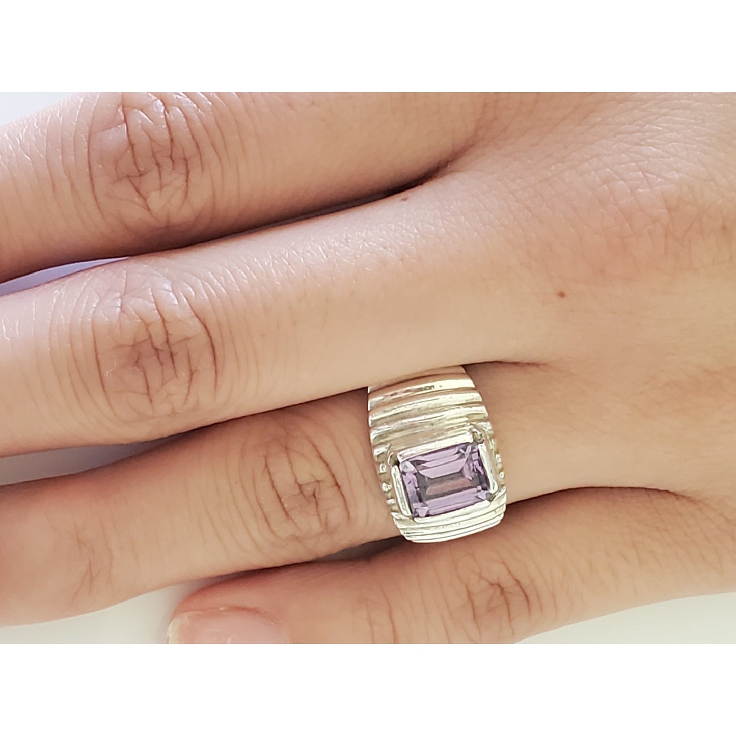Ribbed Sterling Silver Amethyst Ring