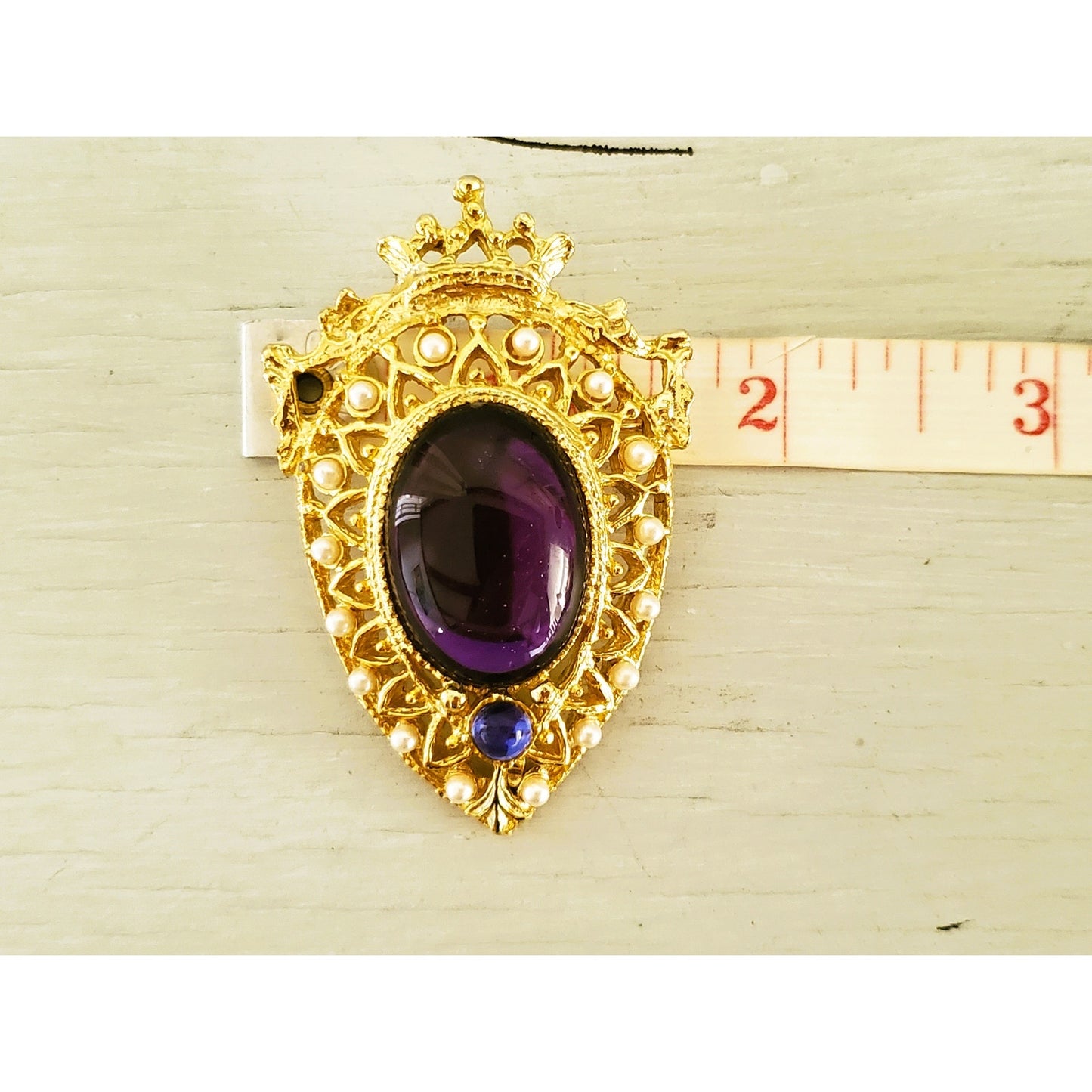 Vintage Purple Stone and Faux Pearl Crown Brooch