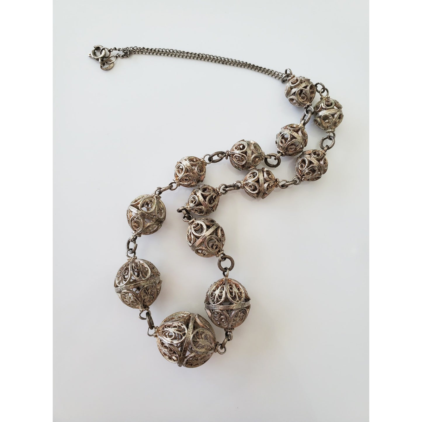 Vintage Byzantine Style Silver Graduated Filigree Bead Necklace