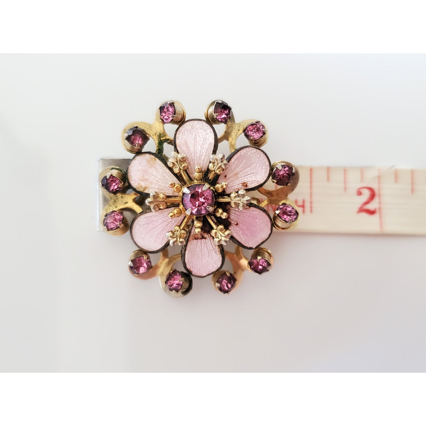 Vintage Mid-Century Pink Floral Rhinestone Brooch