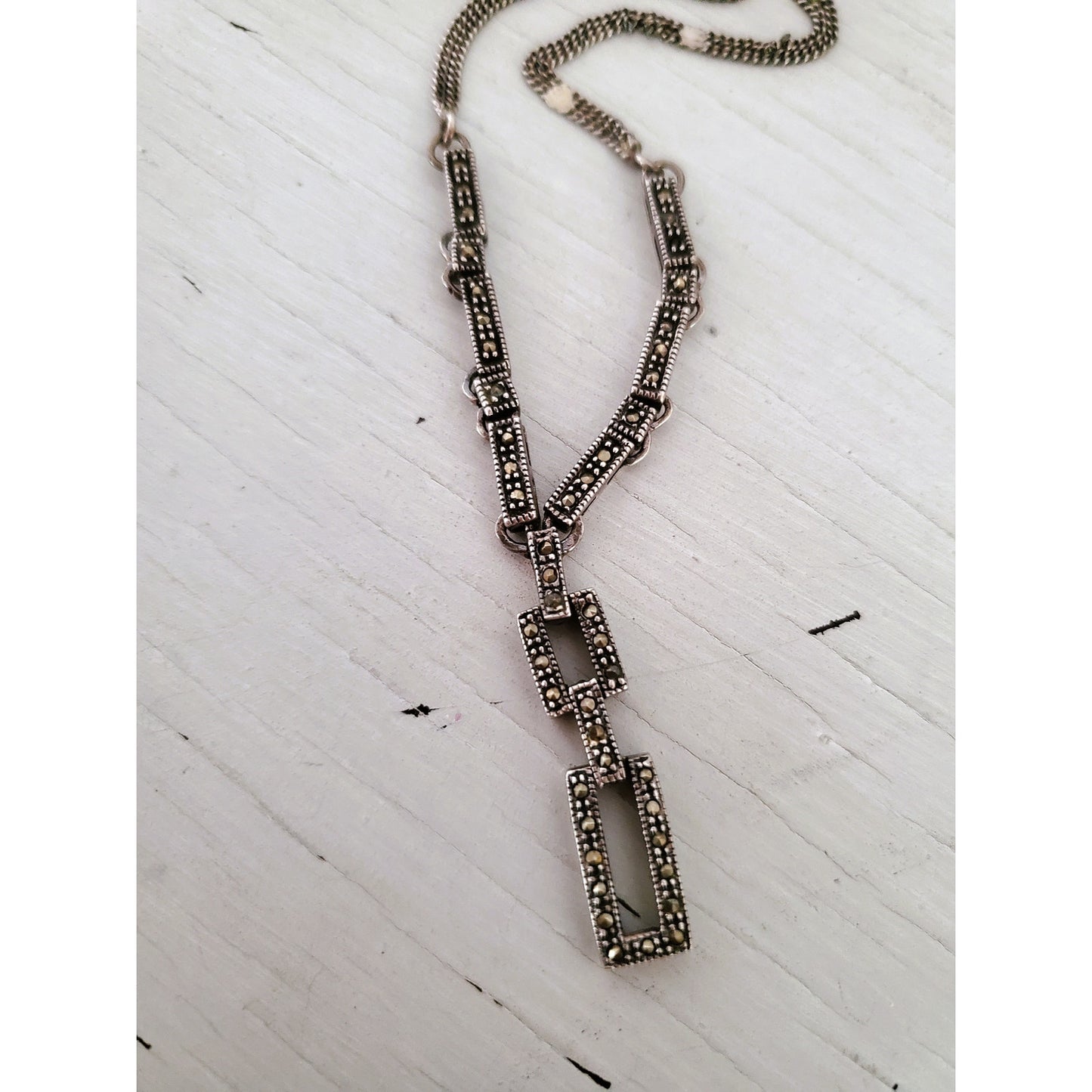 Modernist Sterling Silver Marcasite Lariat Necklace