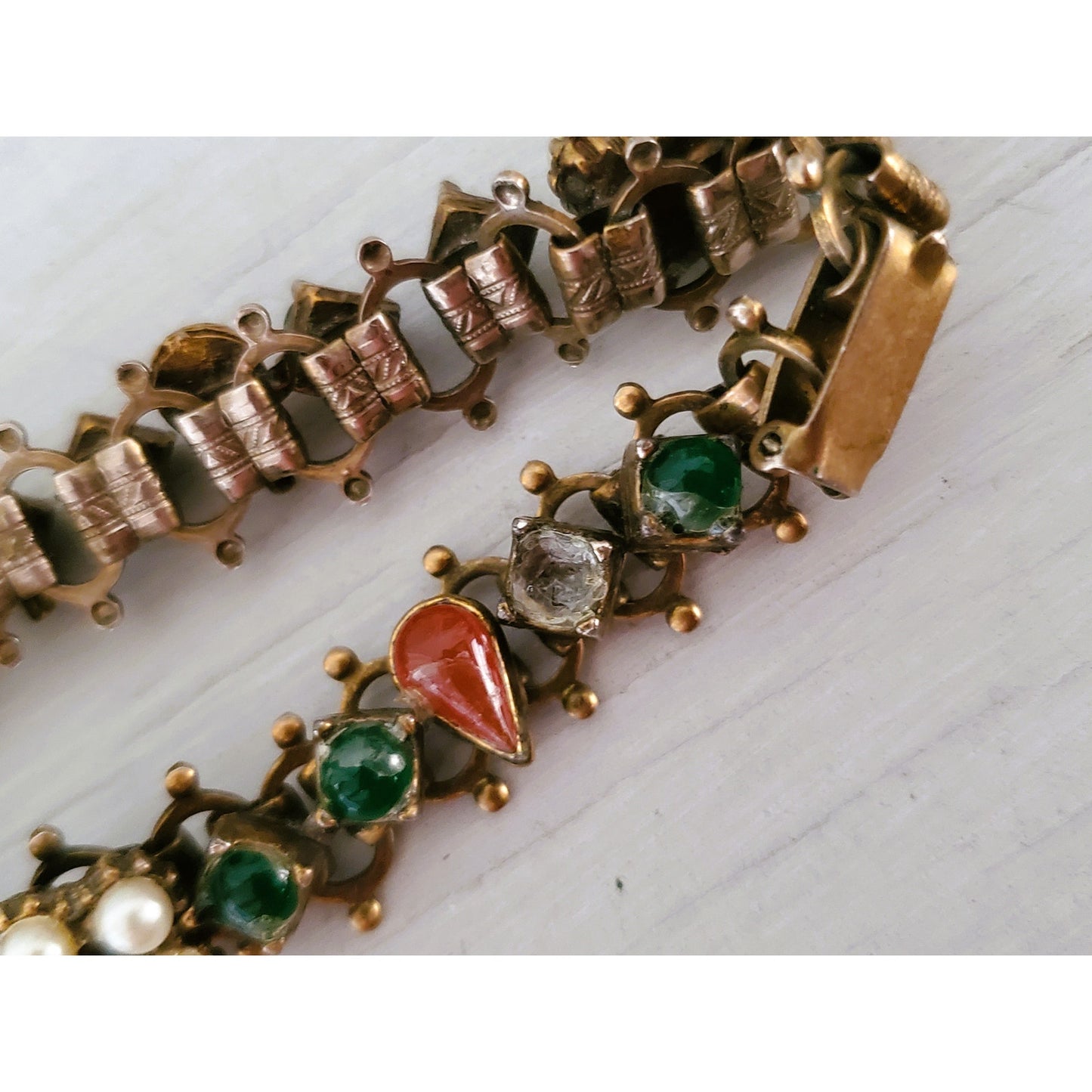 Victorian Revival Brass Filigree Faux Pearl & Glass Stone Bracelet