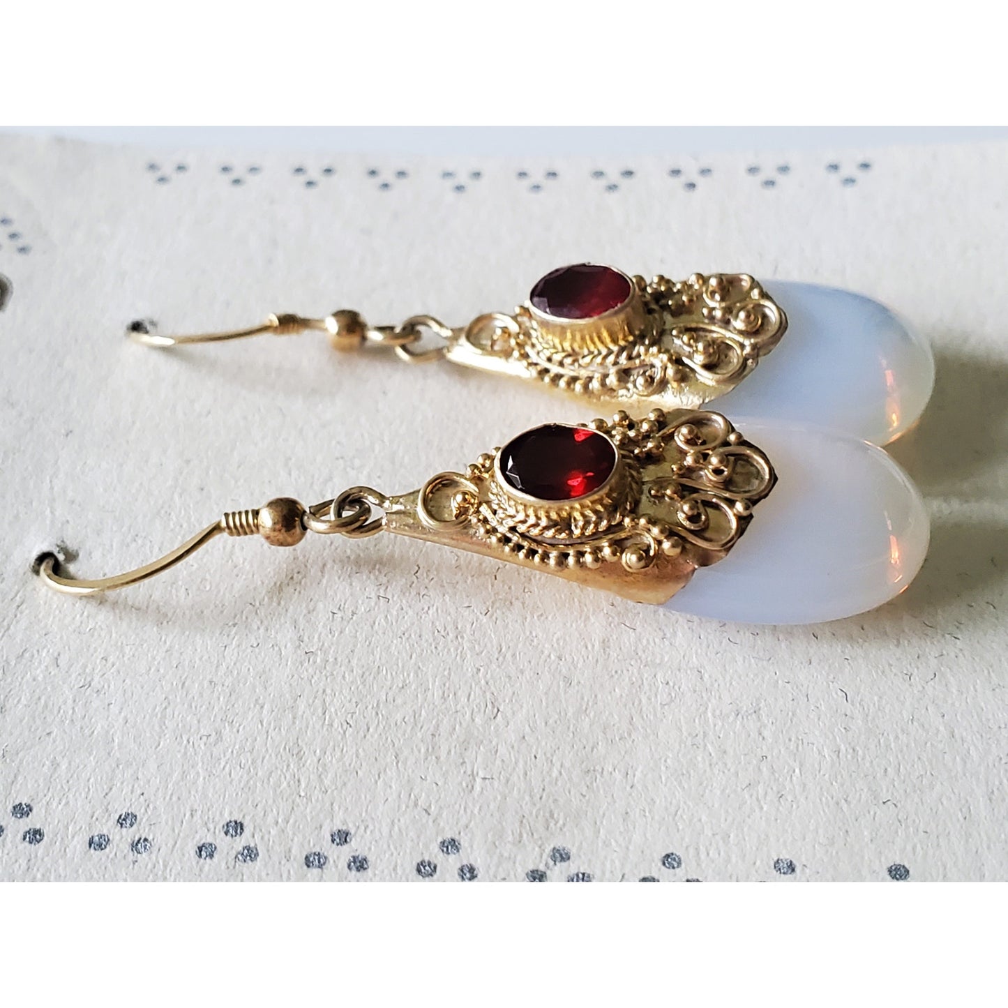 Vintage Sterling Silver Opaline Garnet Dangle Earrings by Harry Haslett