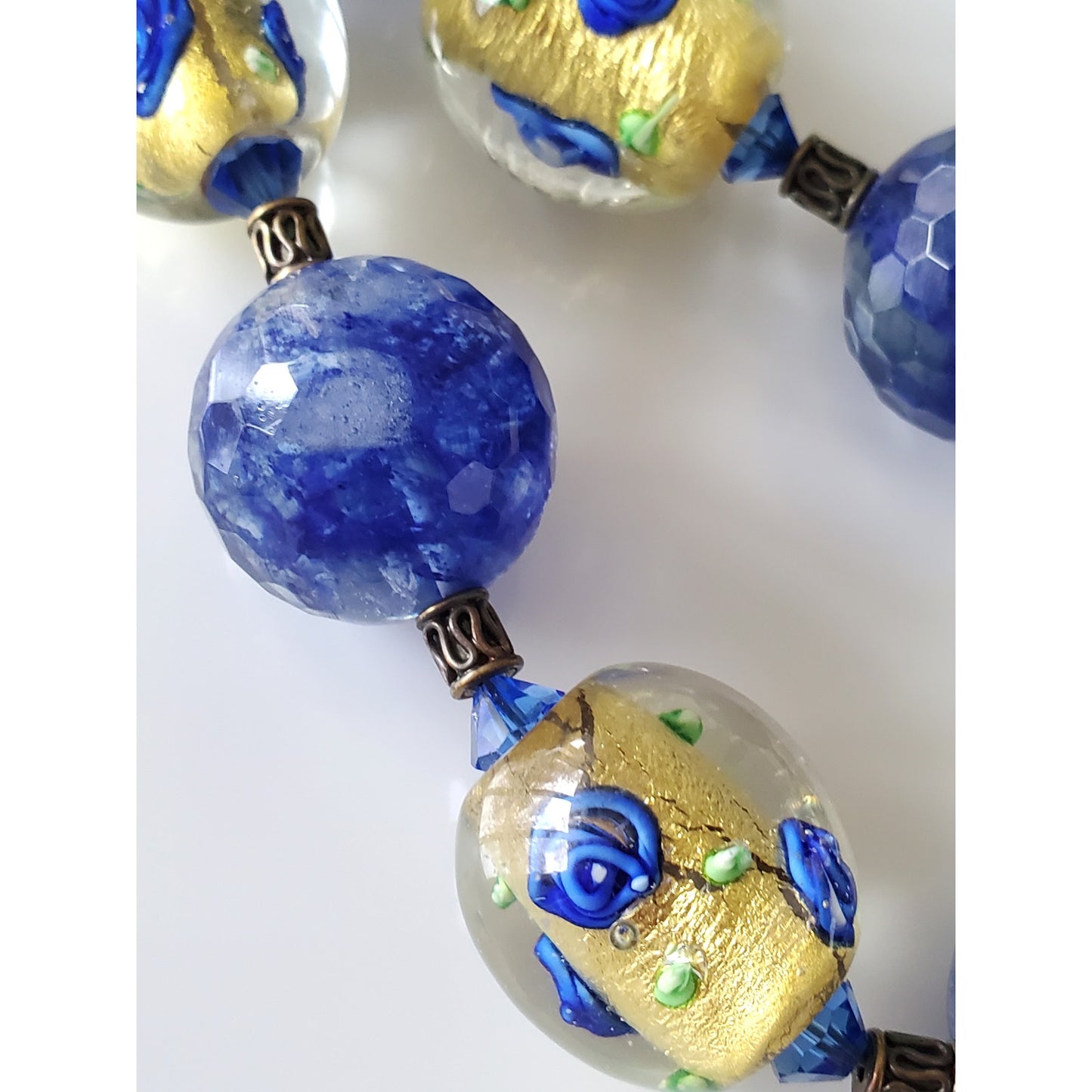 Vintage Blue Floral Glass Bead Necklace