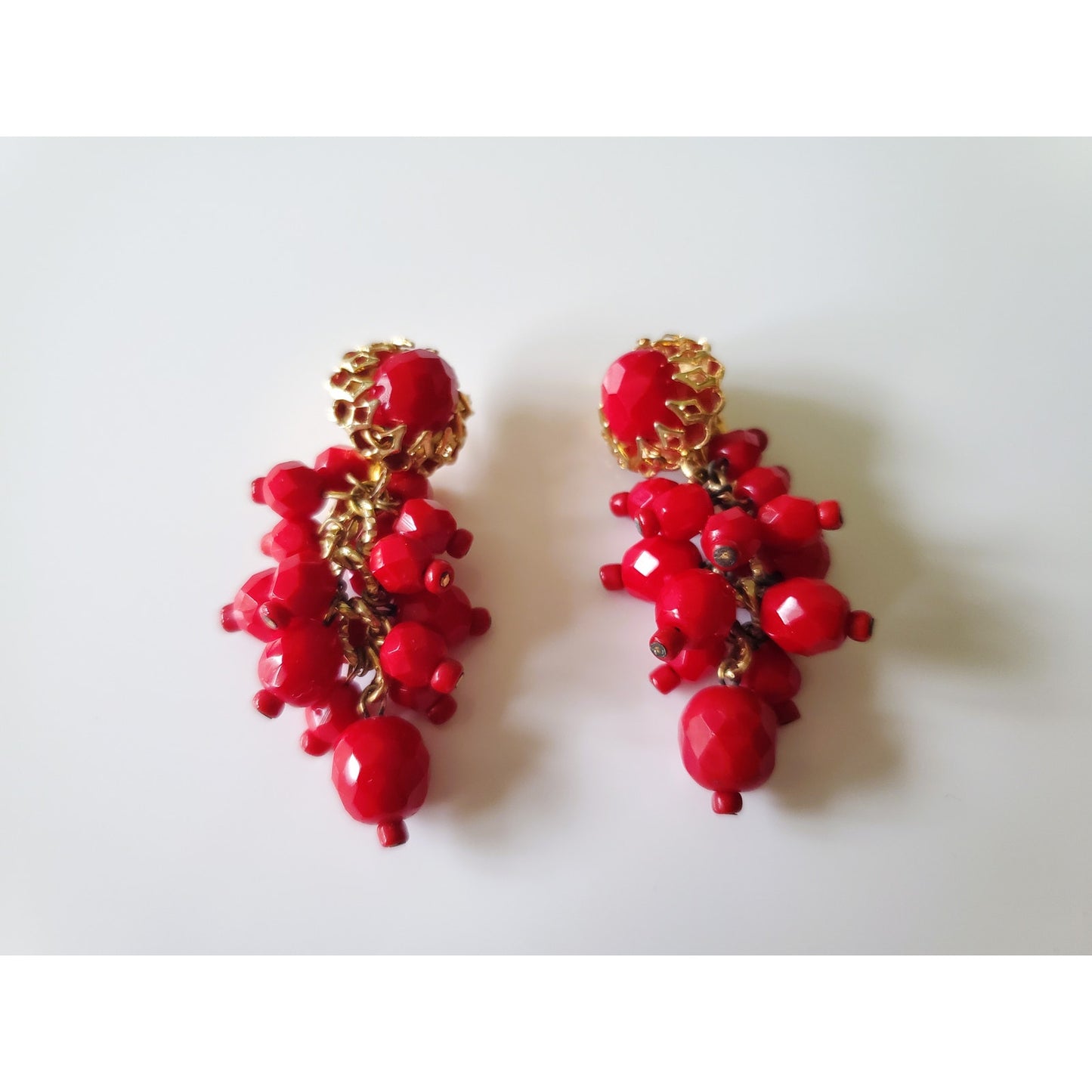 Vintage Hobe Red Acrylic Double Strand Beaded Necklace and Earring Set