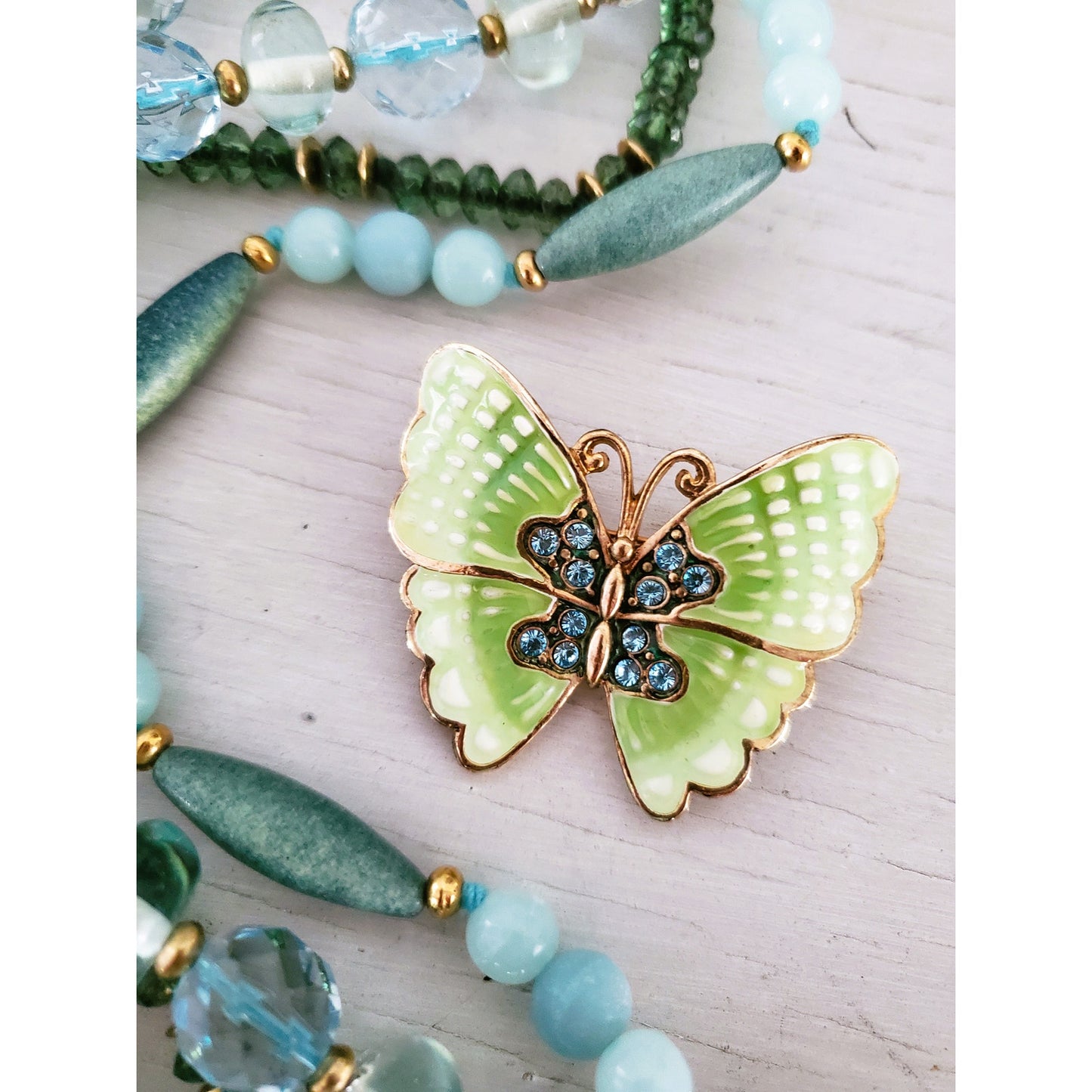 Monet Signed Light Green & Blue Necklace and Brooch Jewelry Set