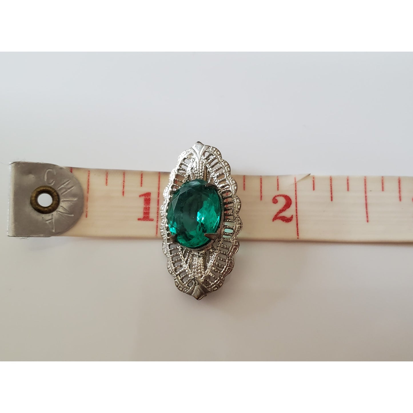 Antique Art Deco Green Glass Filagree Rhodium Plated Brooch