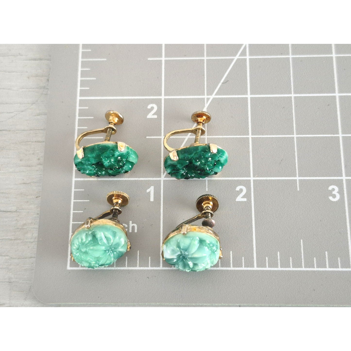 Vintage Mid-Century Faux Molded Glass Jade Screw On Earrings Lot of 2
