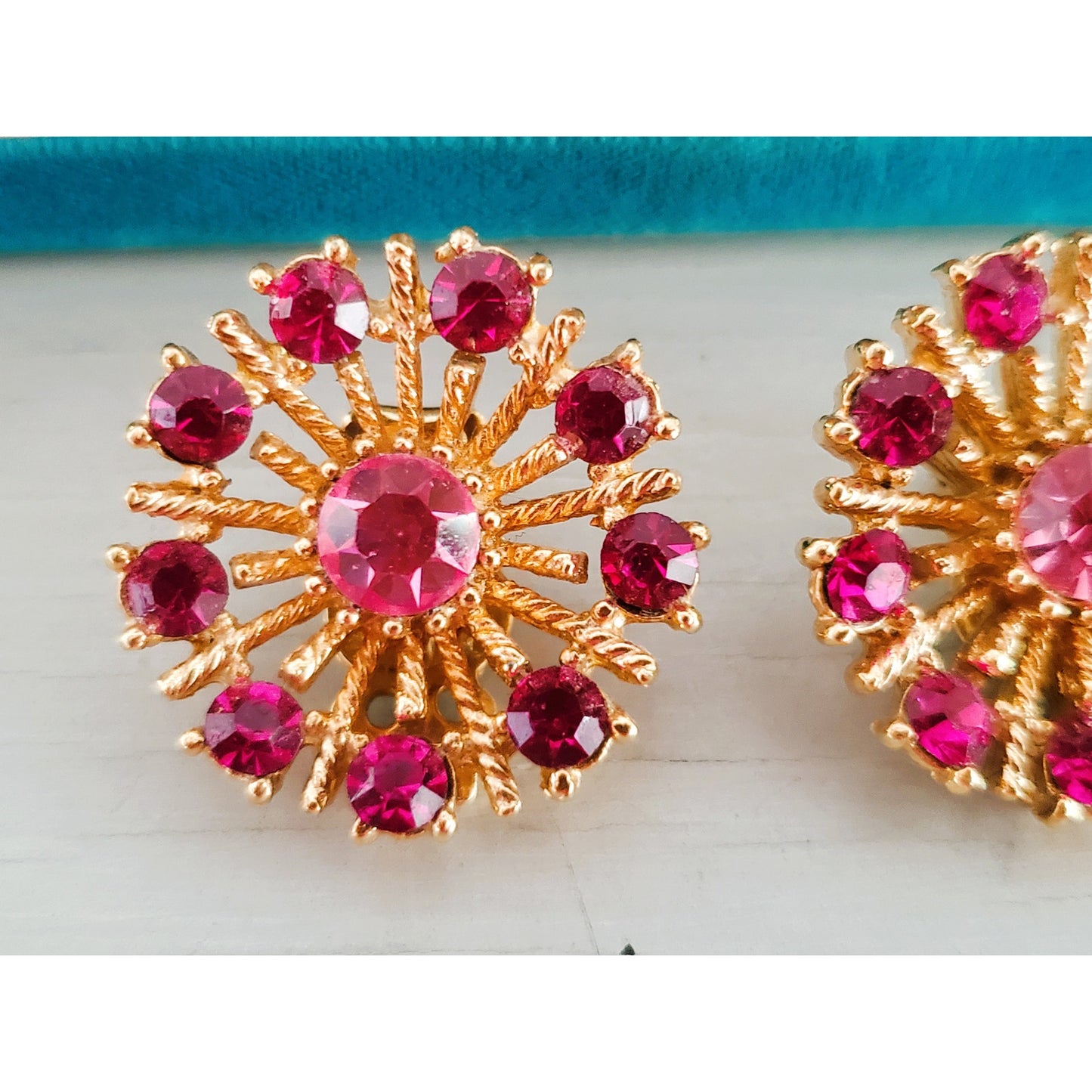 Vintage Fuchsia Rhinestone Round Gold Tone Earrings