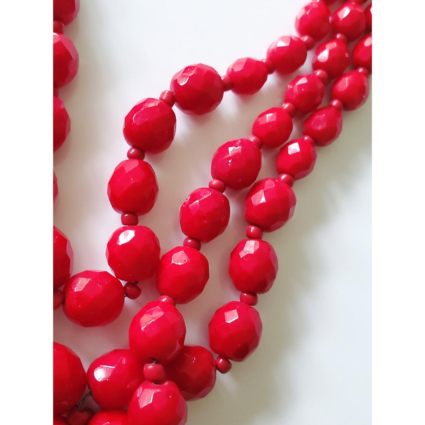 Vintage Hobe Red Acrylic Double Strand Beaded Necklace and Earring Set