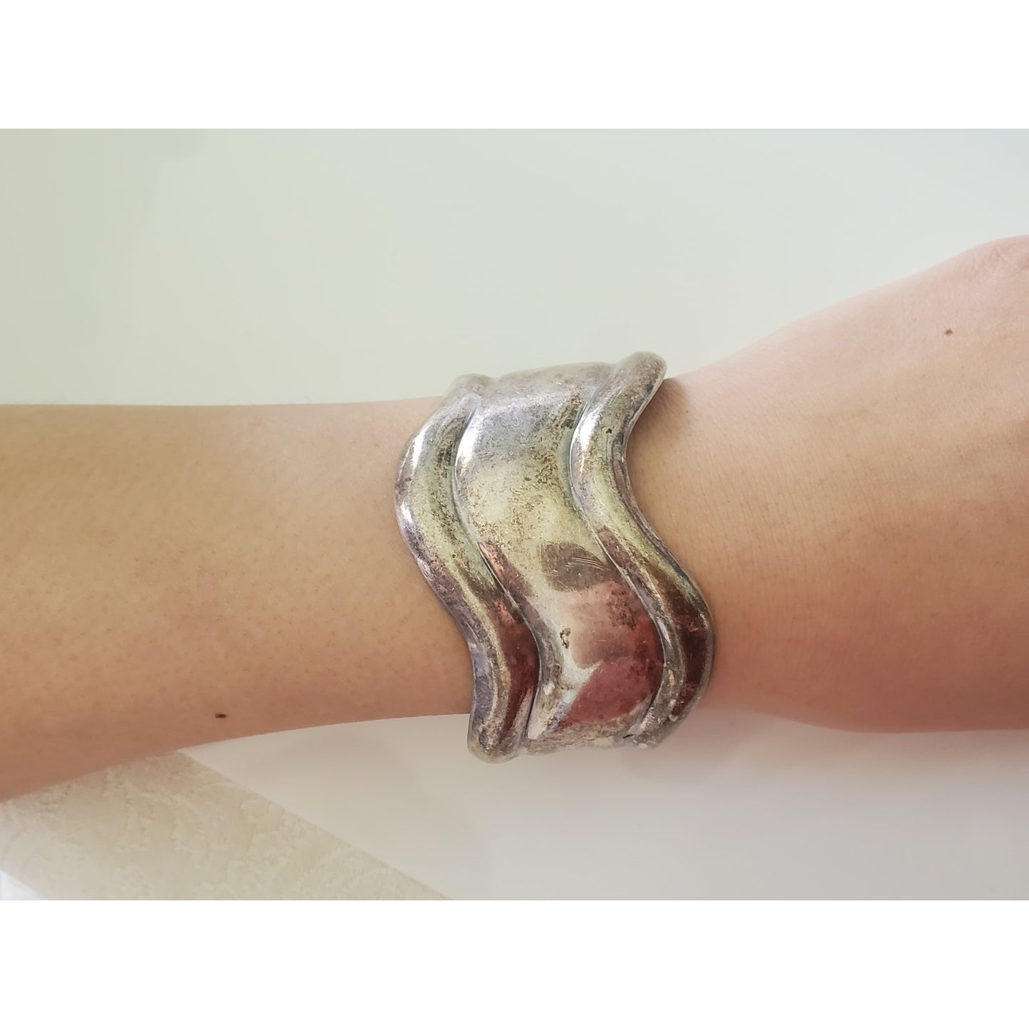 Vintage Taxco Mexico Modernist Sterling Silver Wave Cuff Bracelet