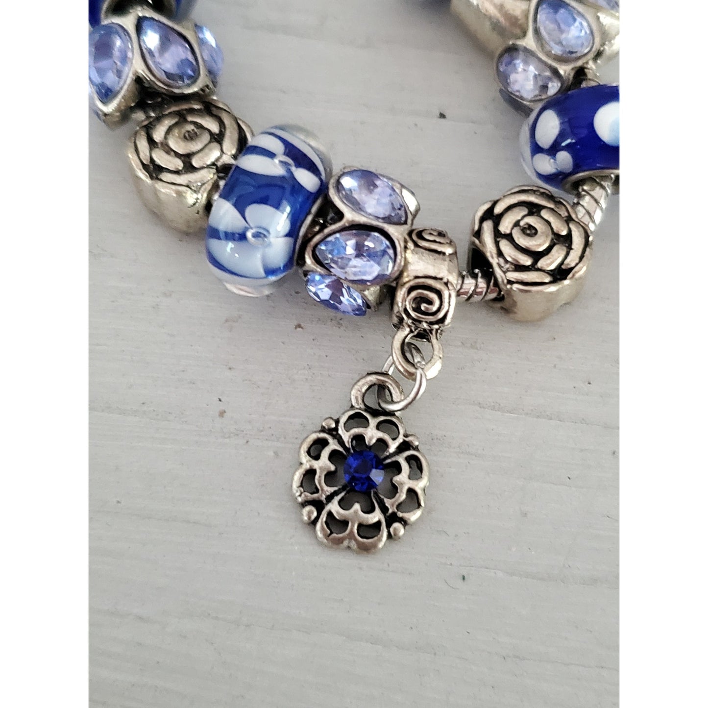 Silver-tone Blue Glass Floral Charm Bracelet