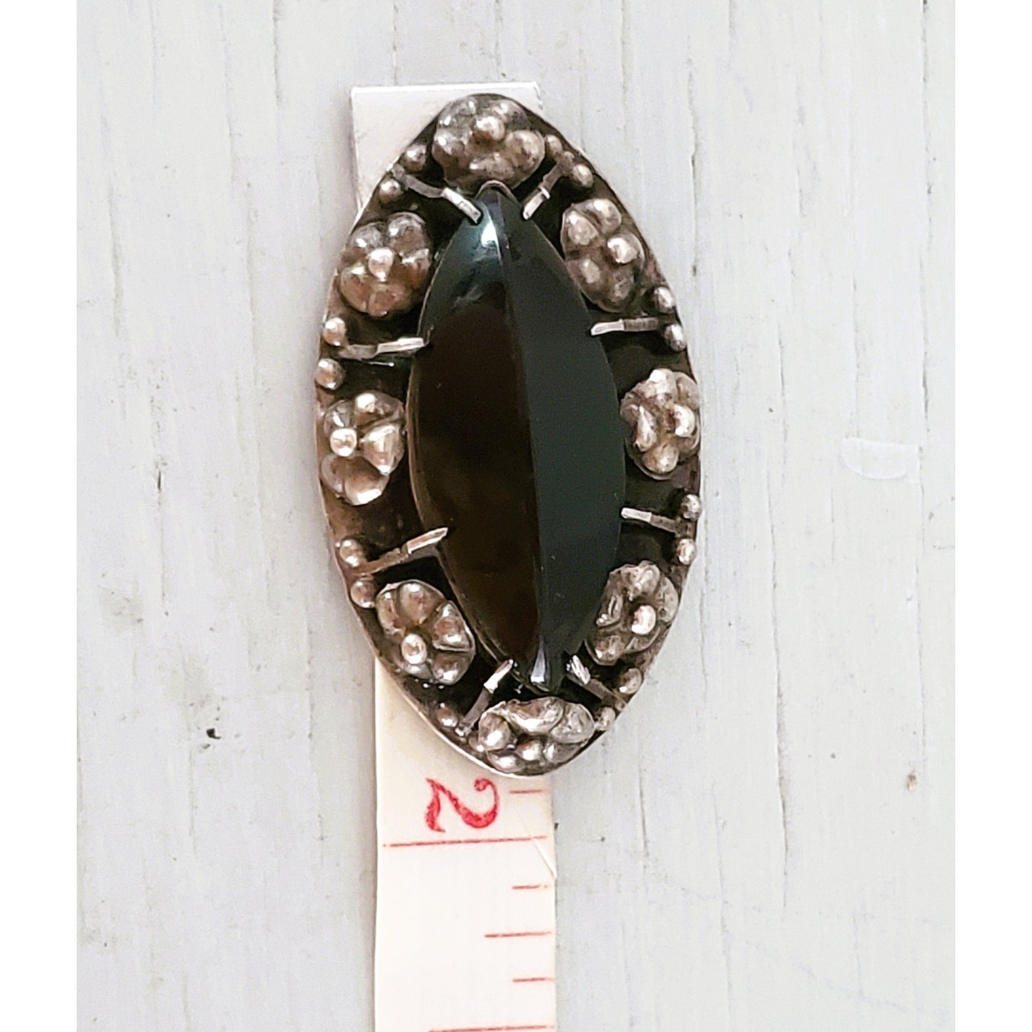 Vintage Sterling Silver Floral Oval Onyx Brooch