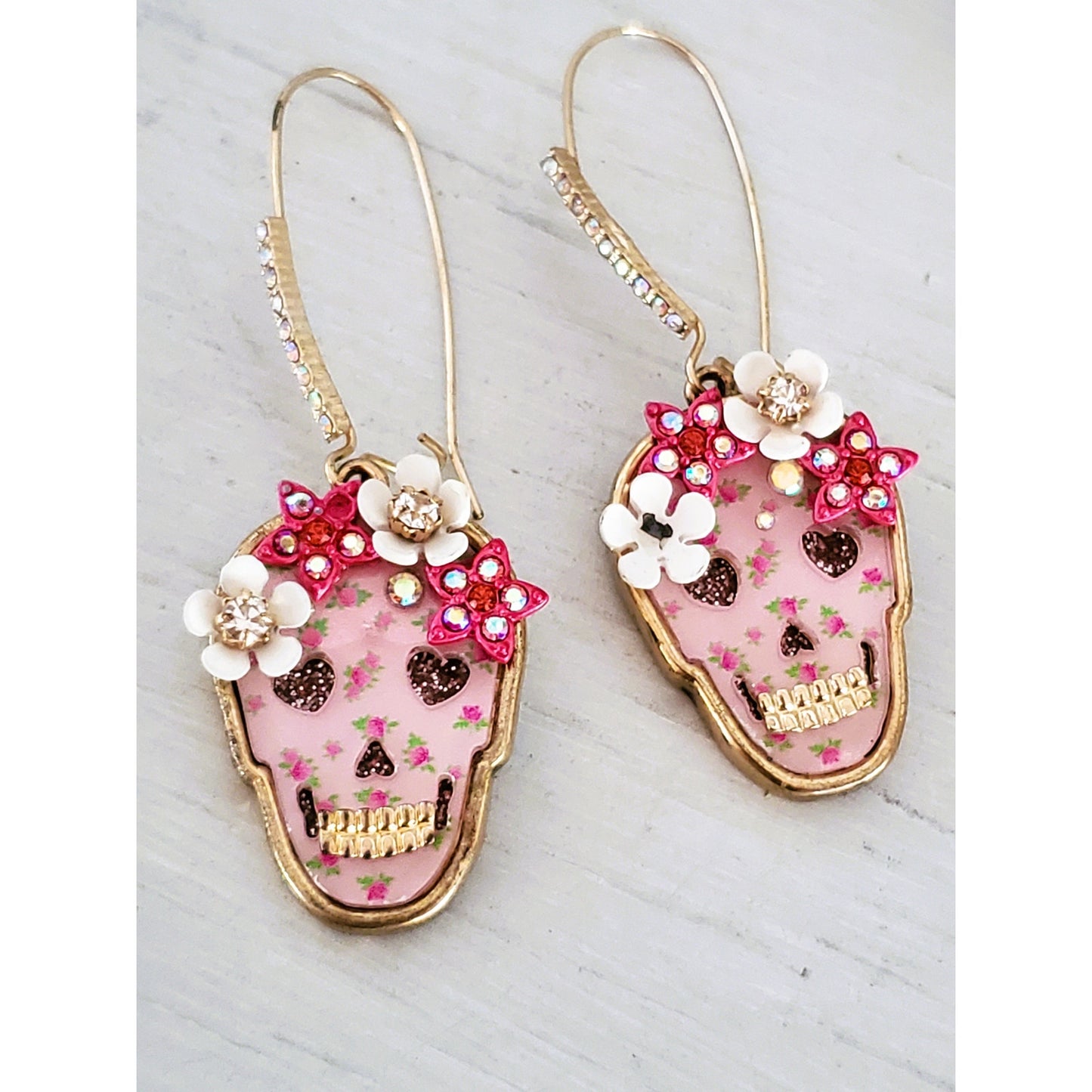 Betsey Johnson Floral Skull Dangle Earrings
