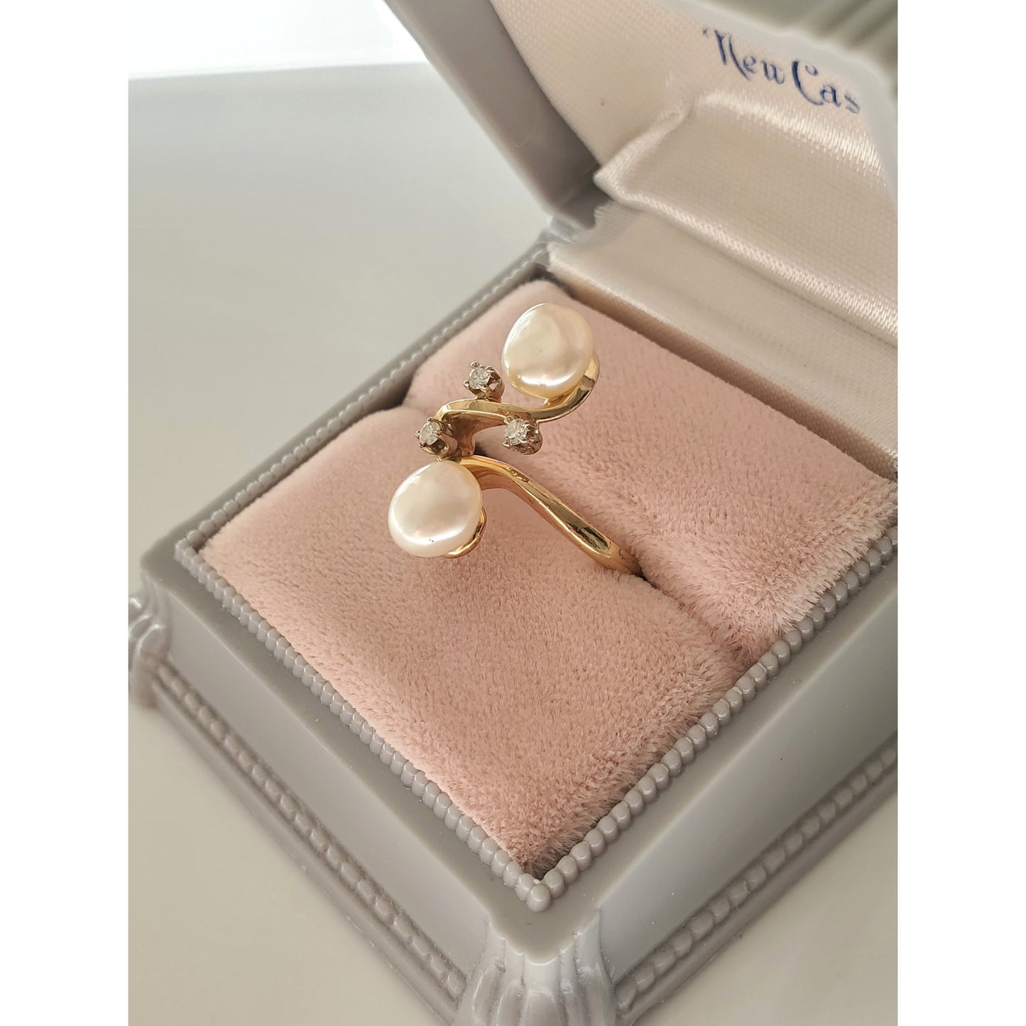 Beautiful 14K Gold Freshwater Pearl and Diamond Navette Ring