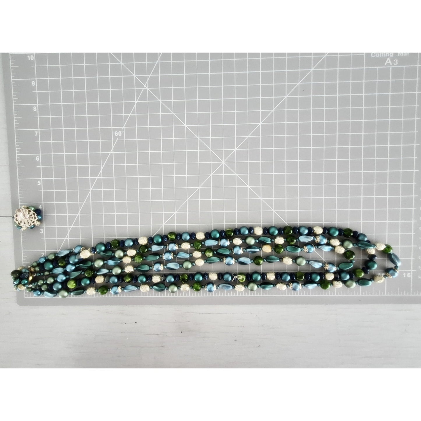 Vintage Japan Blue Green Acrylic Multi-strand Beaded Necklace and Earring Set