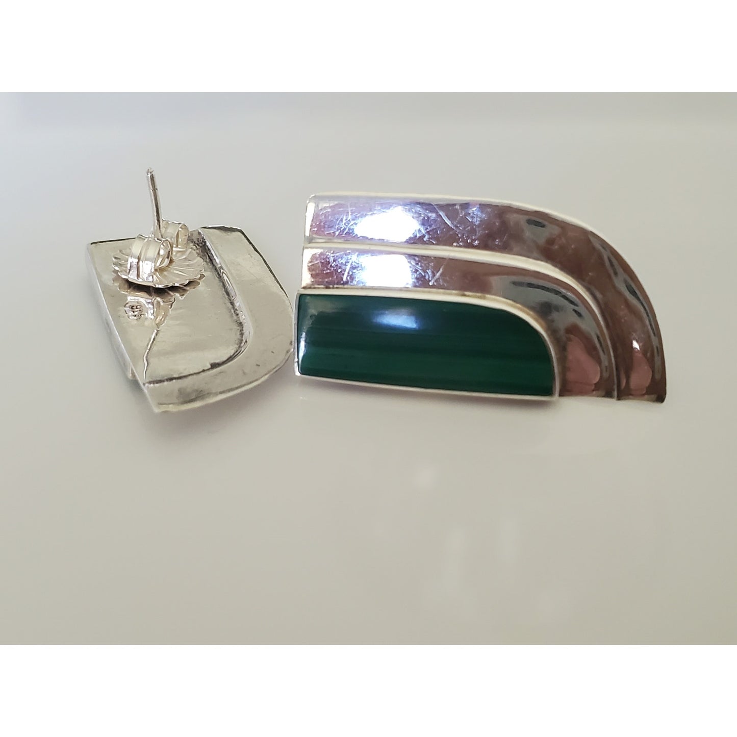 Vintage Sterling Silver Modernist Malachite Stud Earrings