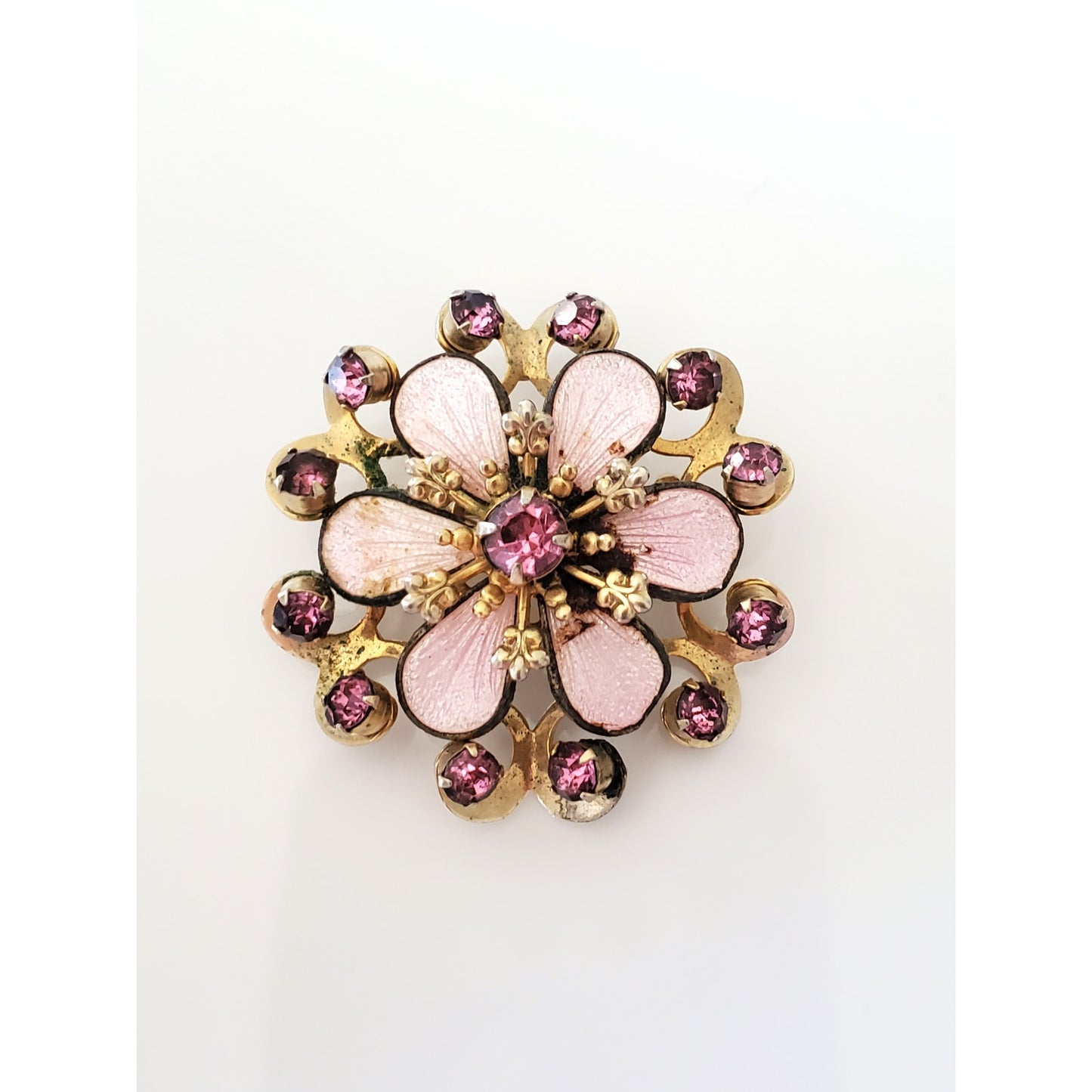 Vintage Mid-Century Pink Floral Rhinestone Brooch