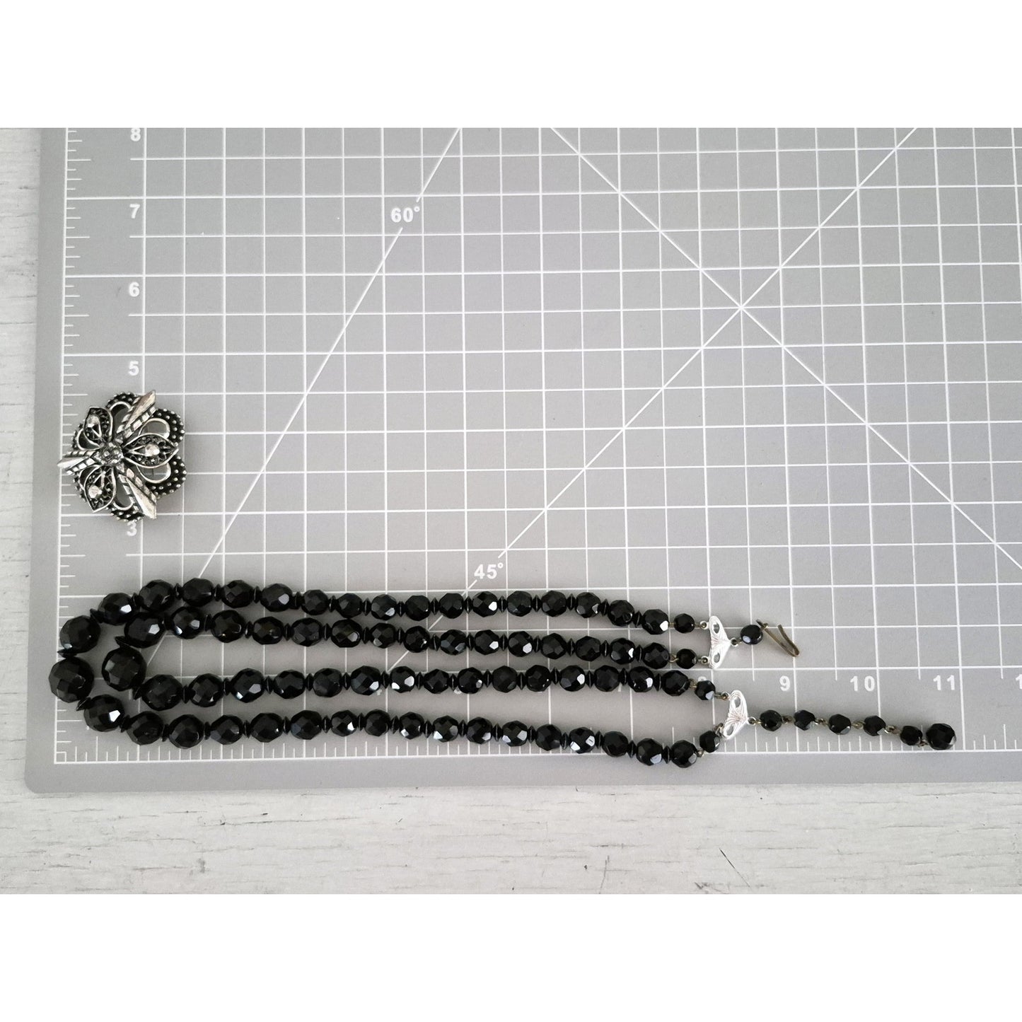 Vintage Double Strand Black Beaded Necklace and Hedy Designer Brooch Set