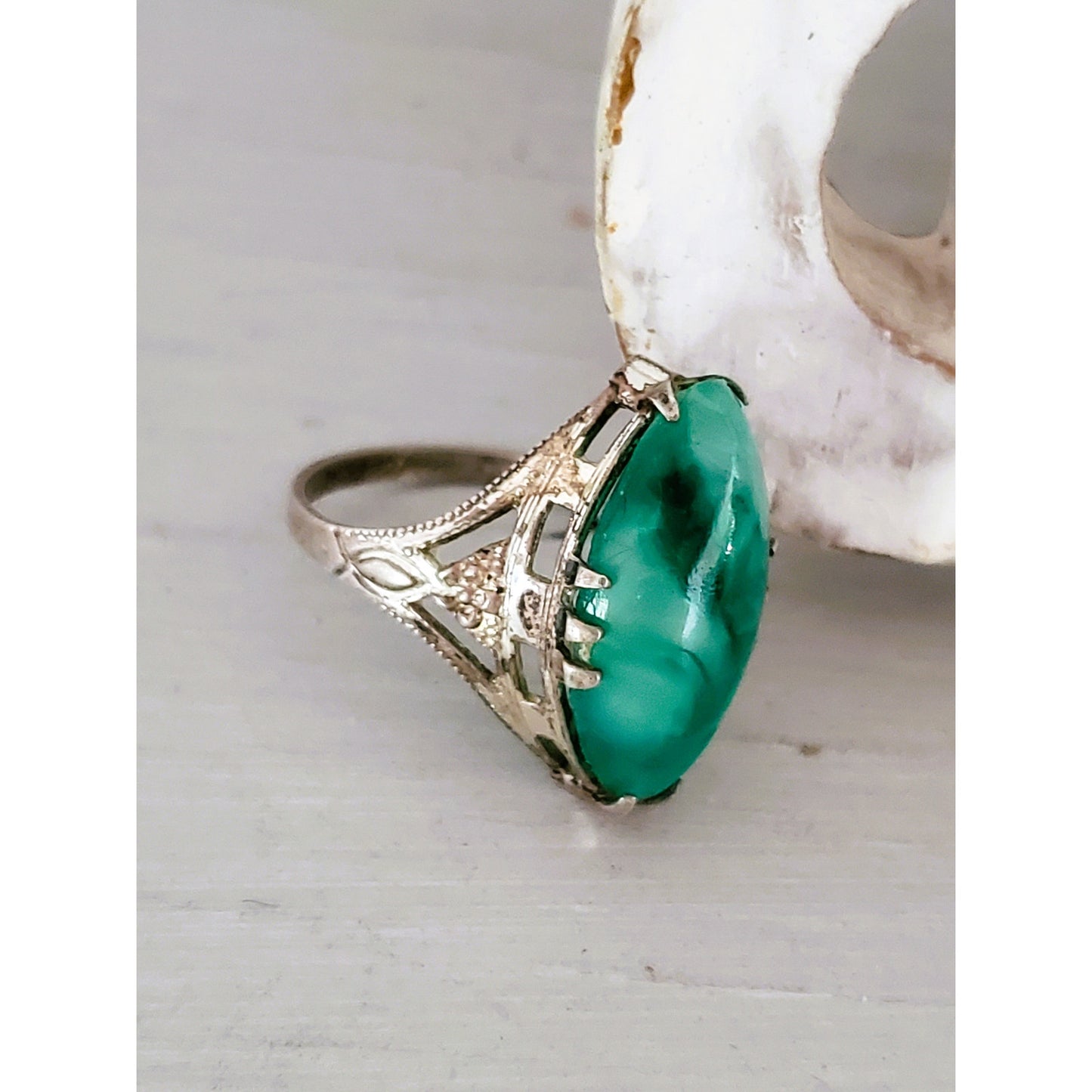 Vintage Sterling Silver FIligree Peking Glass Pinky Ring