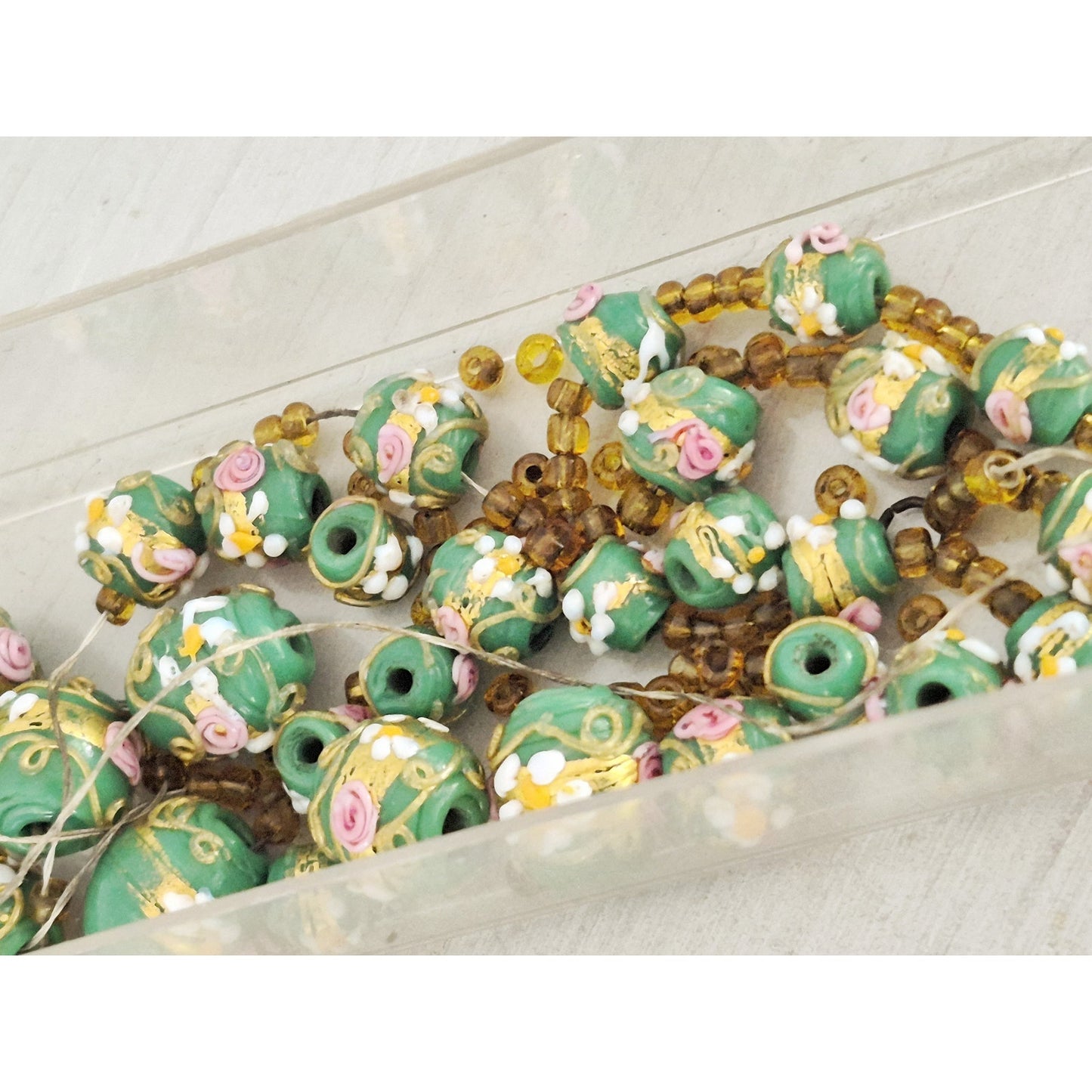 Vintage Light Green and Pink Hand Painted Italian Lamp work Beads
