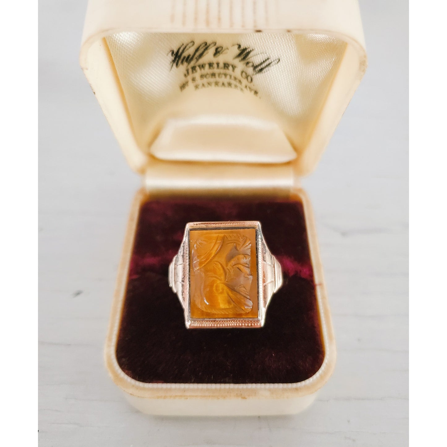 Vintage 10K Gold Sterling Silver Men's Tiger's Eye Cameo Ring