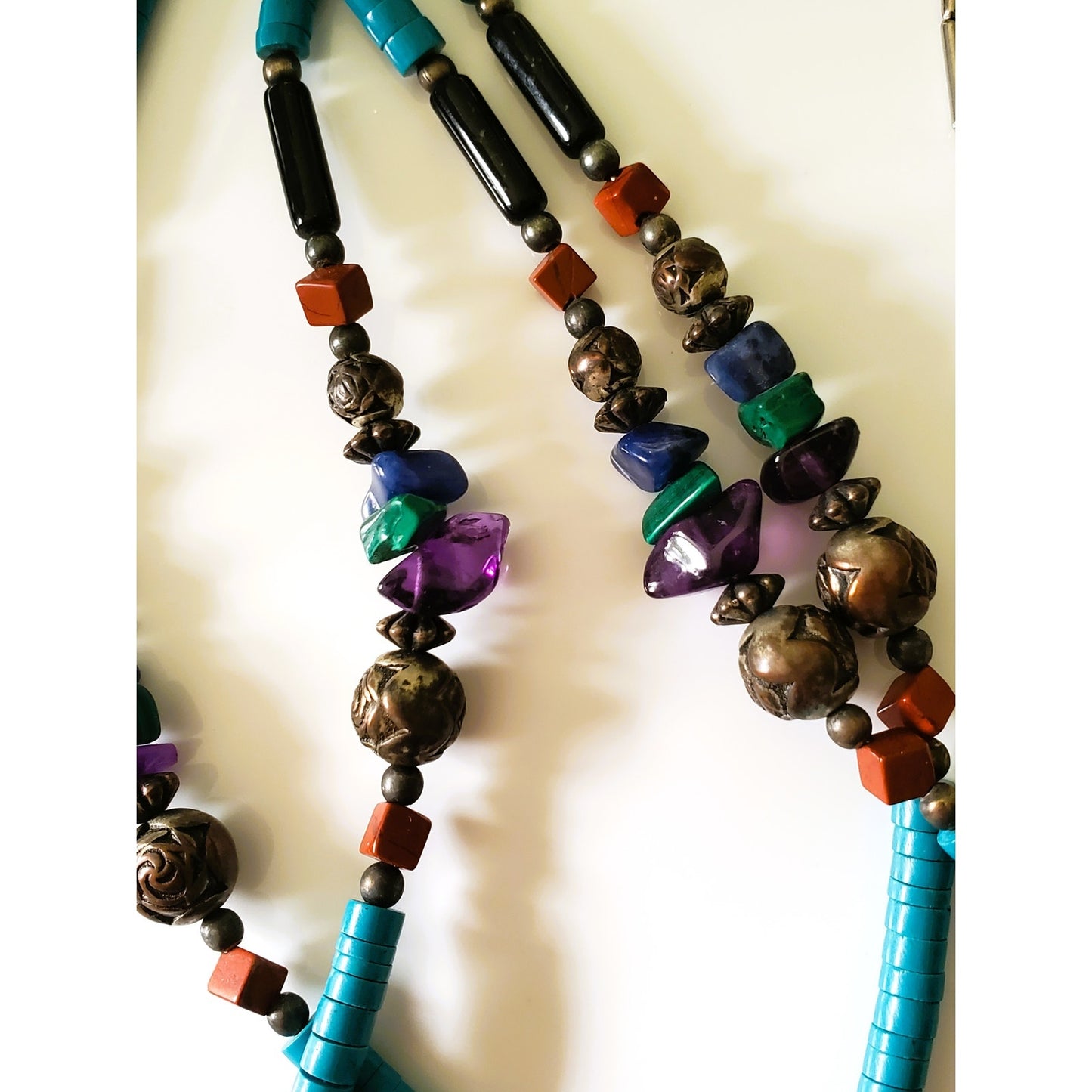 Vintage Native American Multi Stone Double Strand Inlay Bear Necklace