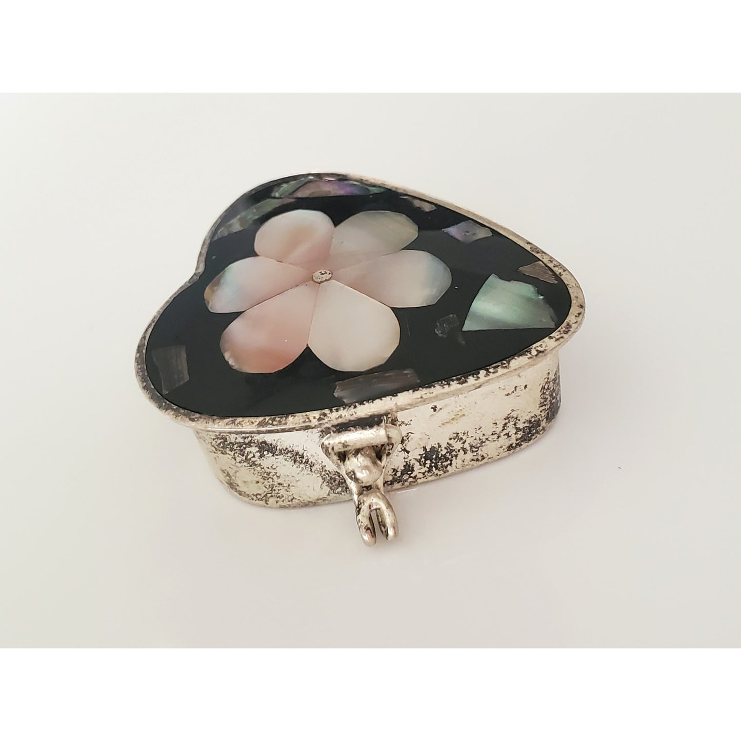 Vintage Estate Silver Alpaca Mother of Pearl Inlay Pill Snuff Box Mexico