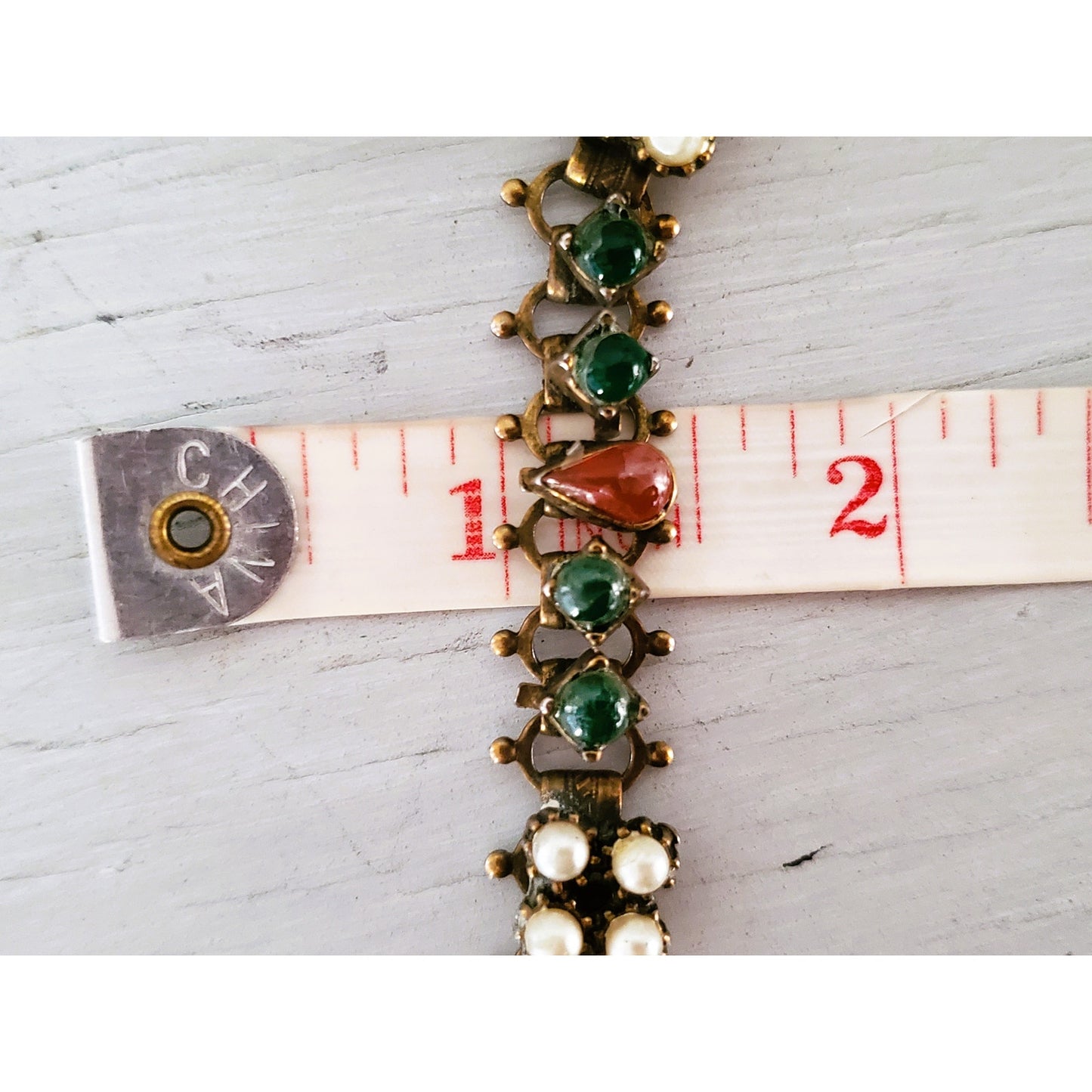 Victorian Revival Brass Filigree Faux Pearl & Glass Stone Bracelet