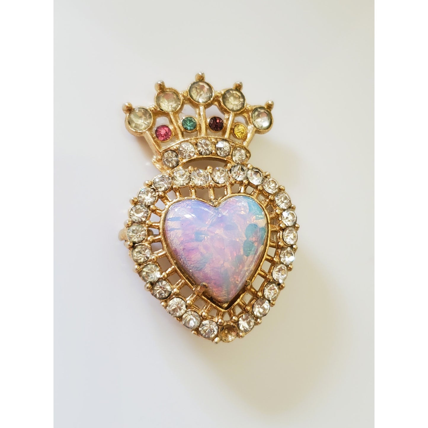 Vintage Glass Opal Crown Gold Tone Rhinestone Brooch