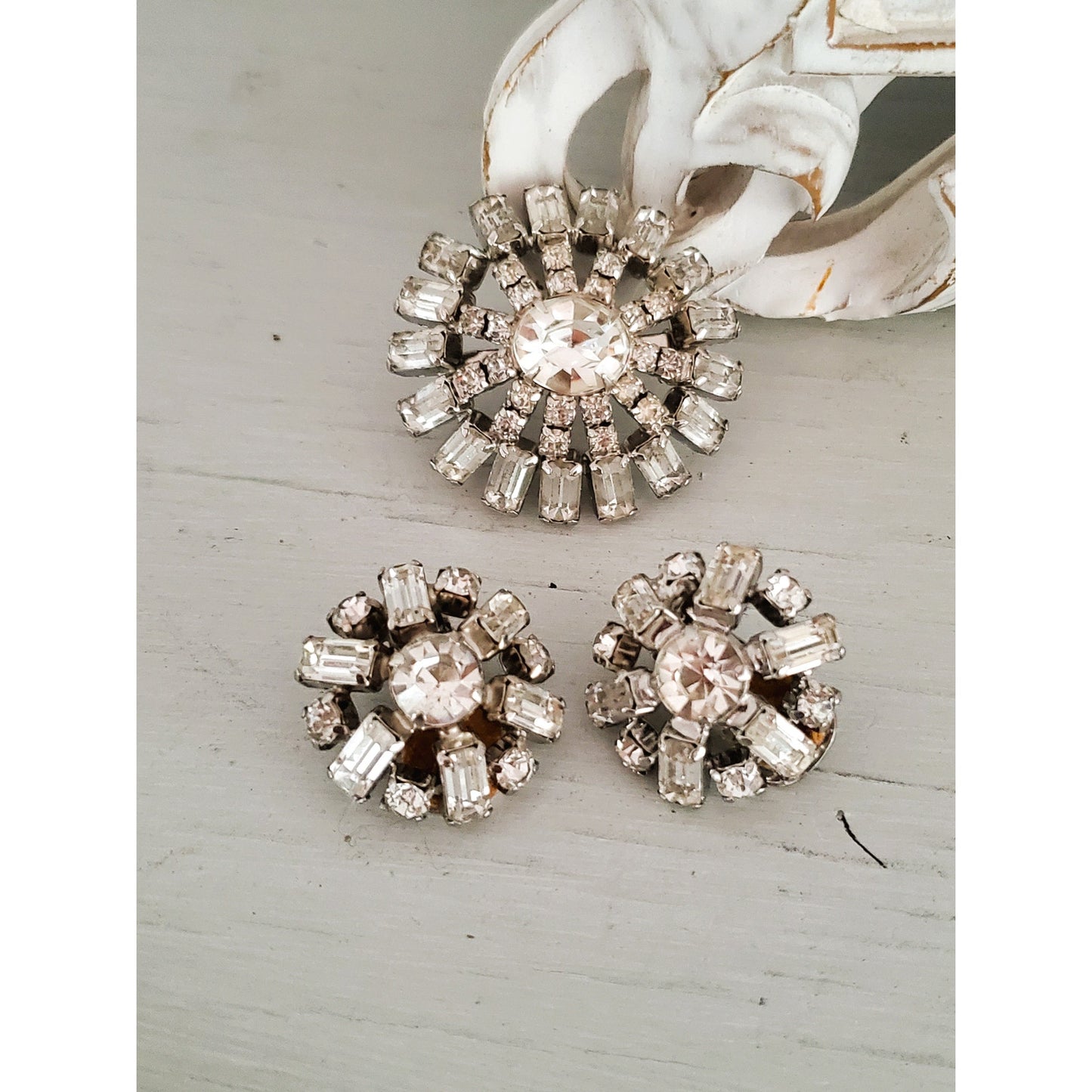 Vintage Clear Rhinestone Brooch and Earring Set