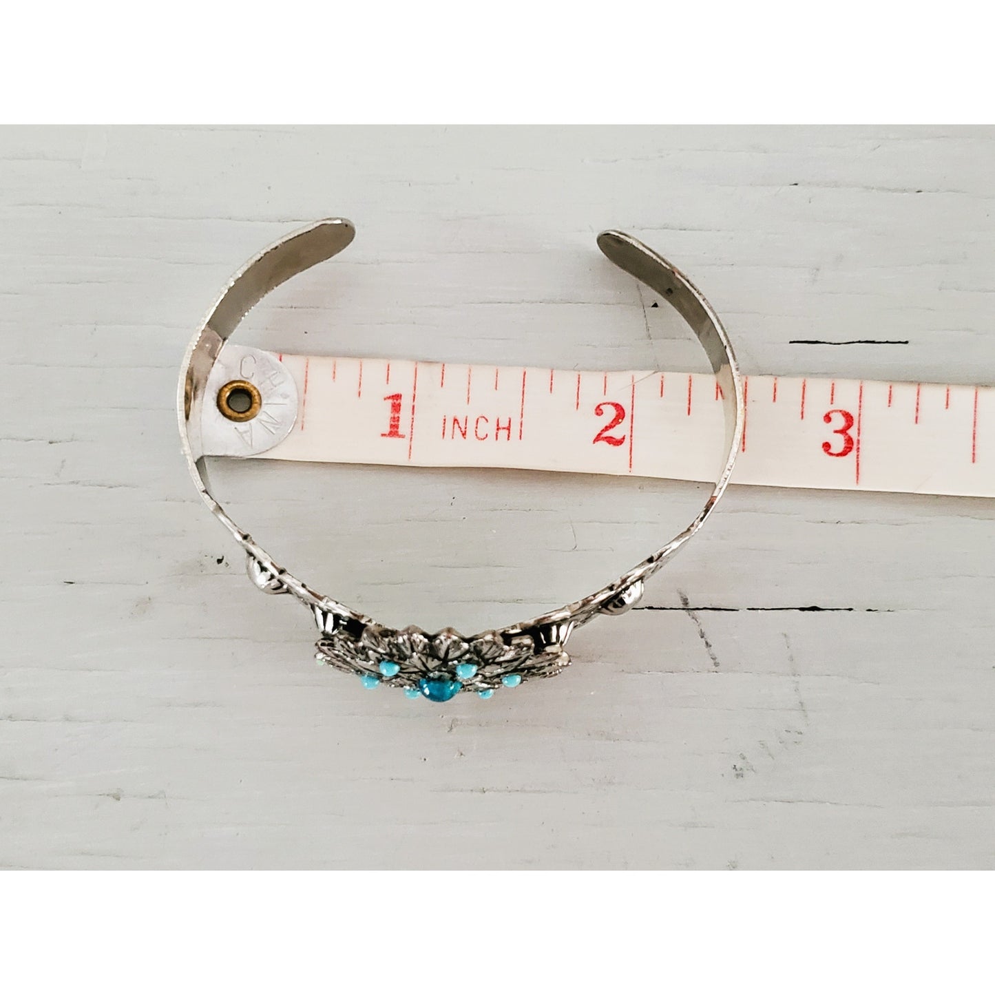 Vintage Turquoise and Silver Tone Floral Cuff Bracelet