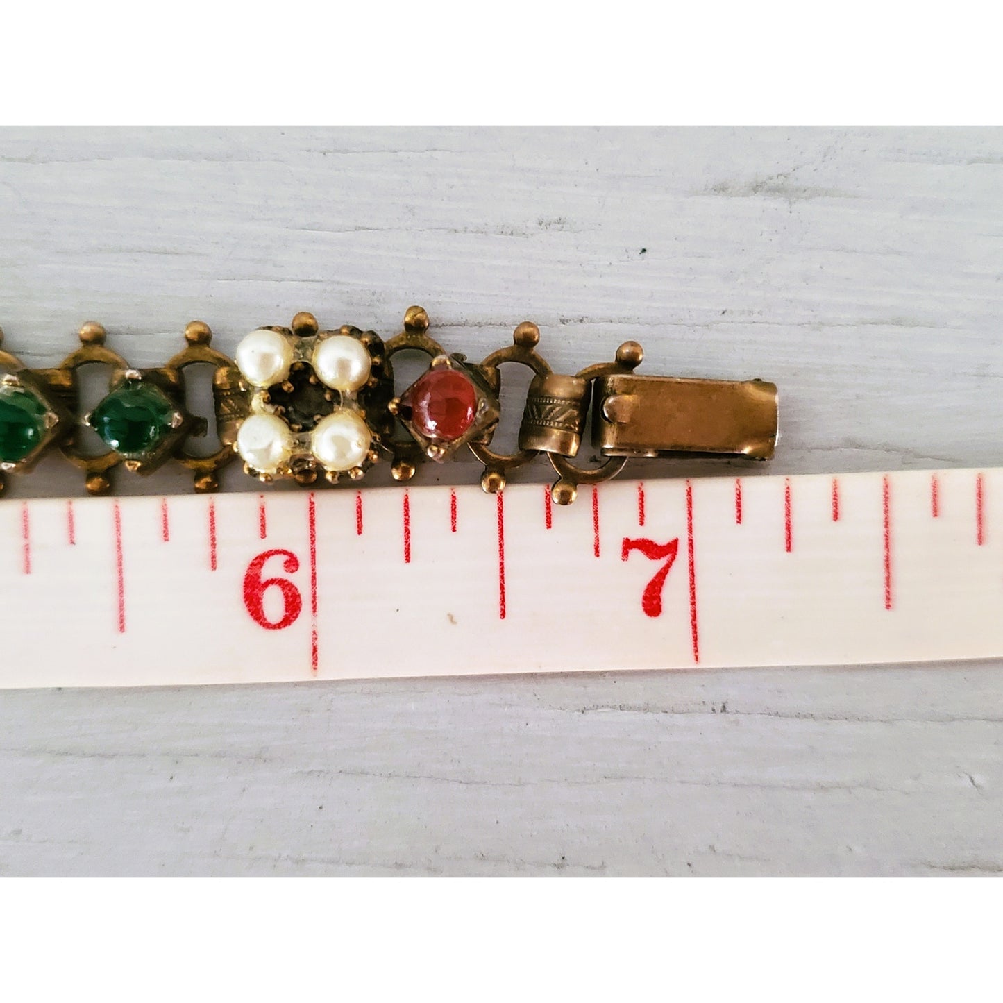 Victorian Revival Brass Filigree Faux Pearl & Glass Stone Bracelet