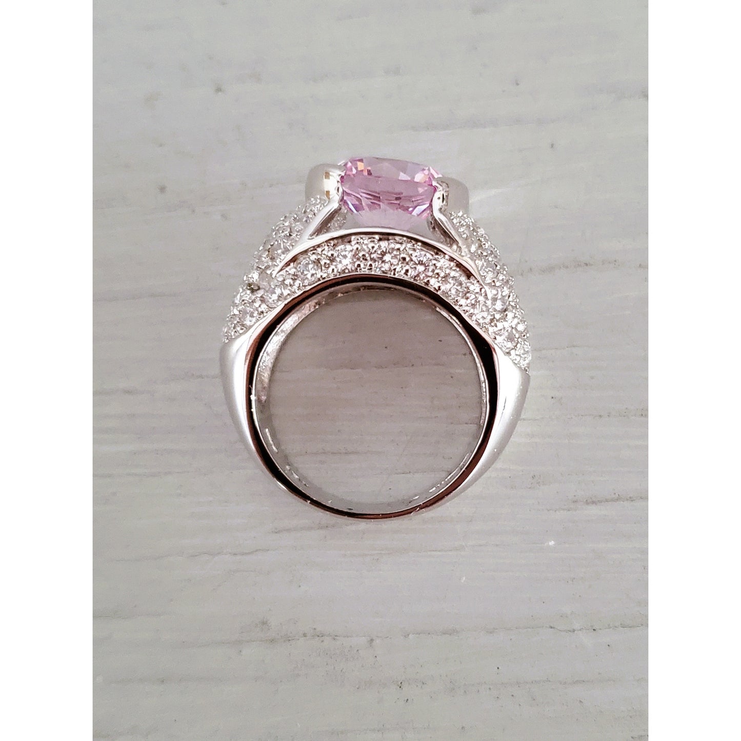 Sterling Silver Pink and Clear Crystal Zirconia Cocktail Ring