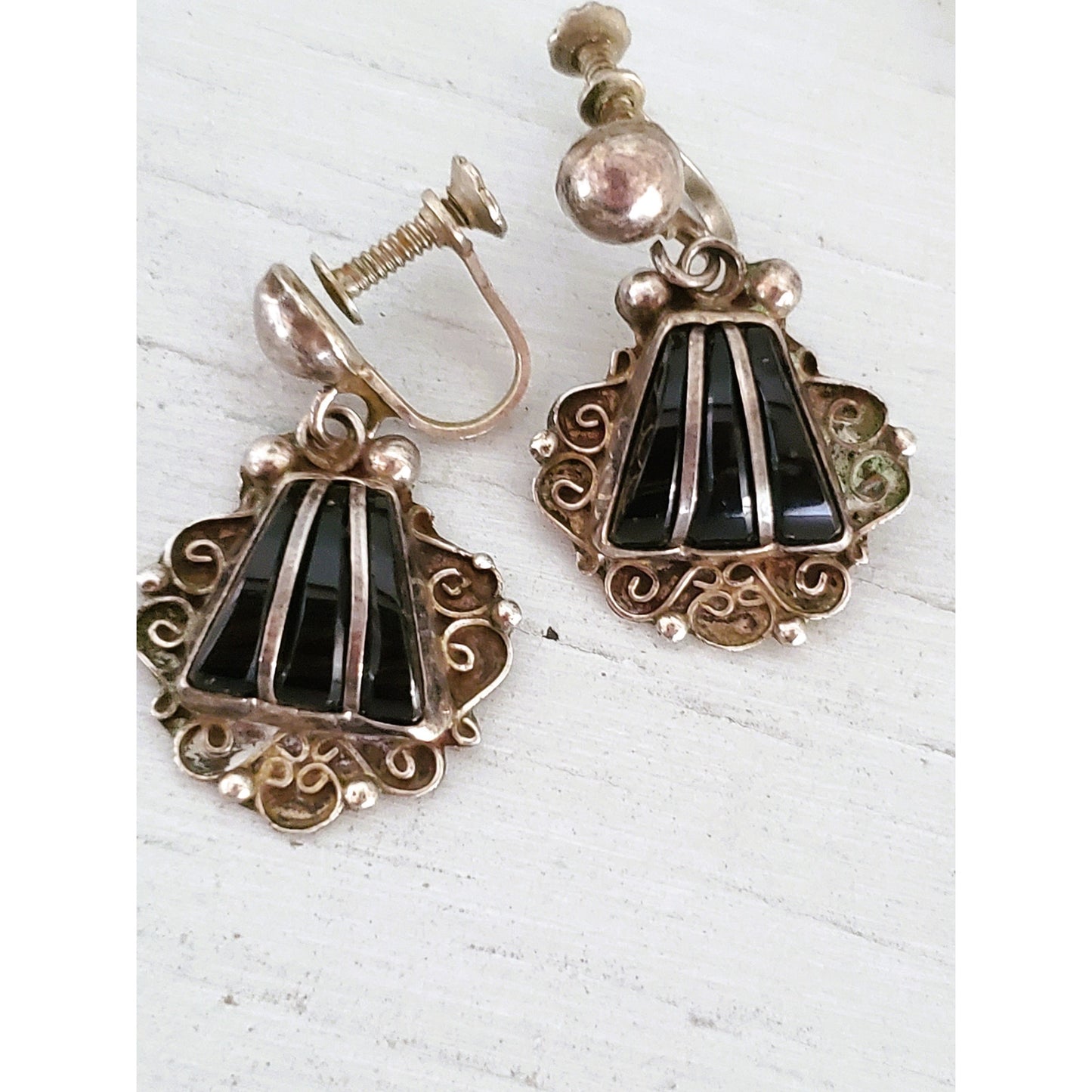 Vintage Sterling Silver Onyx Dangle Screw On Earrings