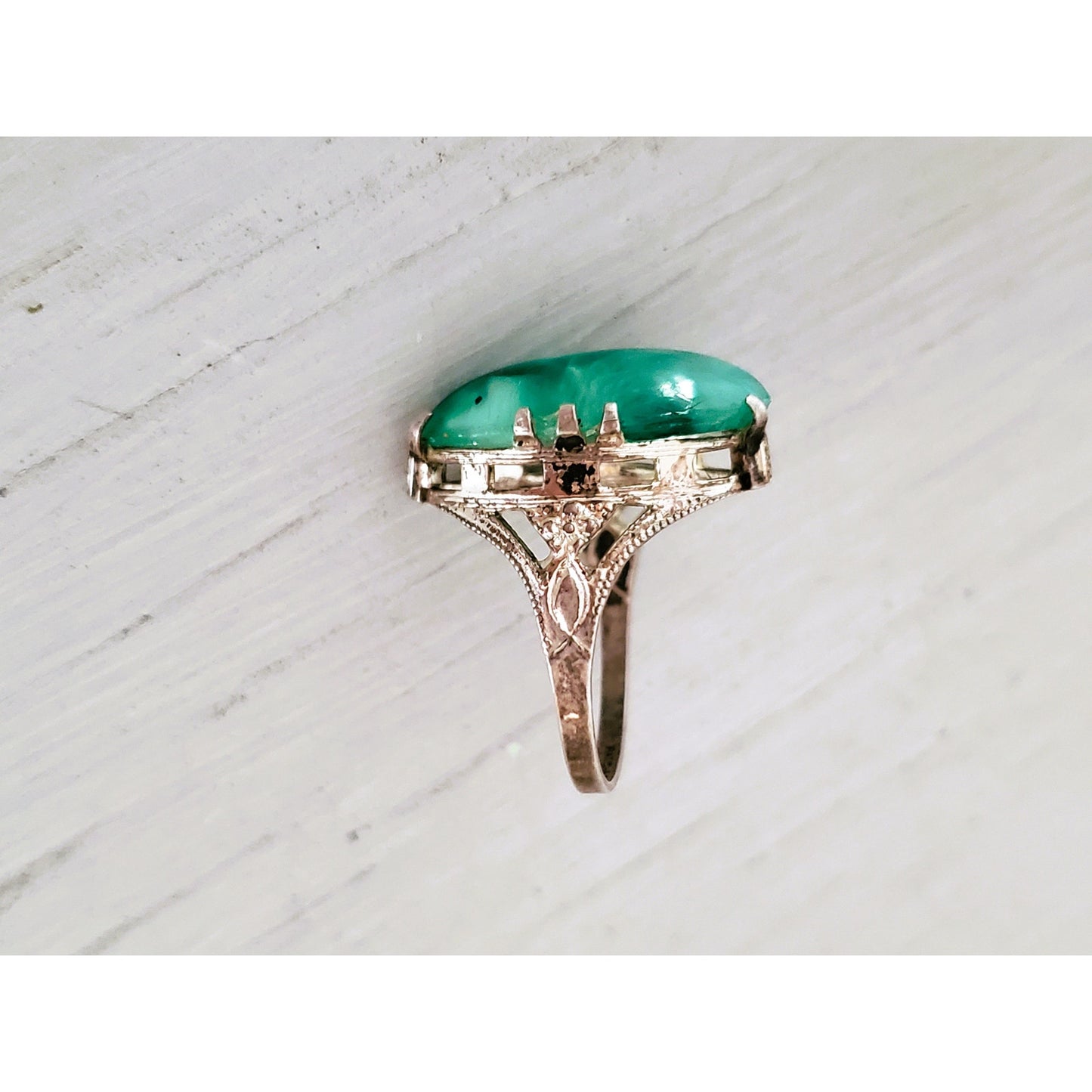 Vintage Sterling Silver FIligree Peking Glass Pinky Ring