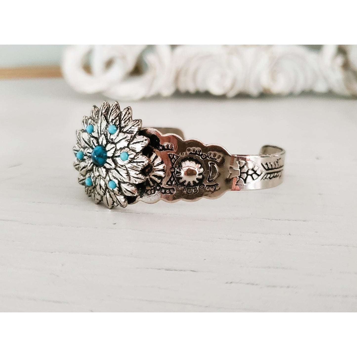 Vintage Turquoise and Silver Tone Floral Cuff Bracelet