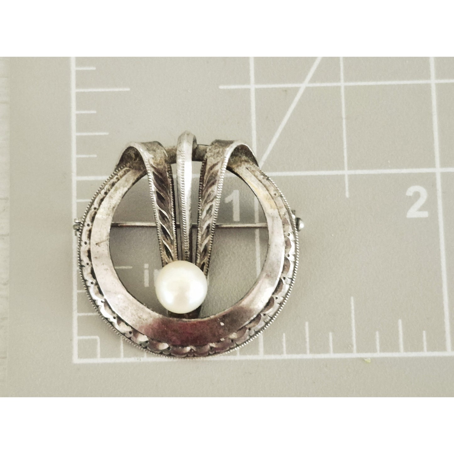 Vintage Round Etched Cultured Pearl Brooch