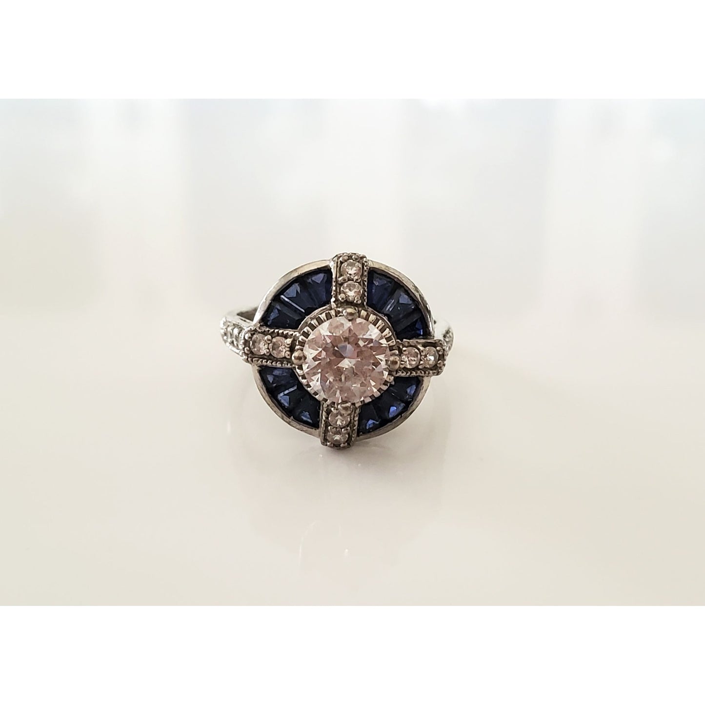 Sterling Silver Meda CZ and Blue Halo Stone Ring