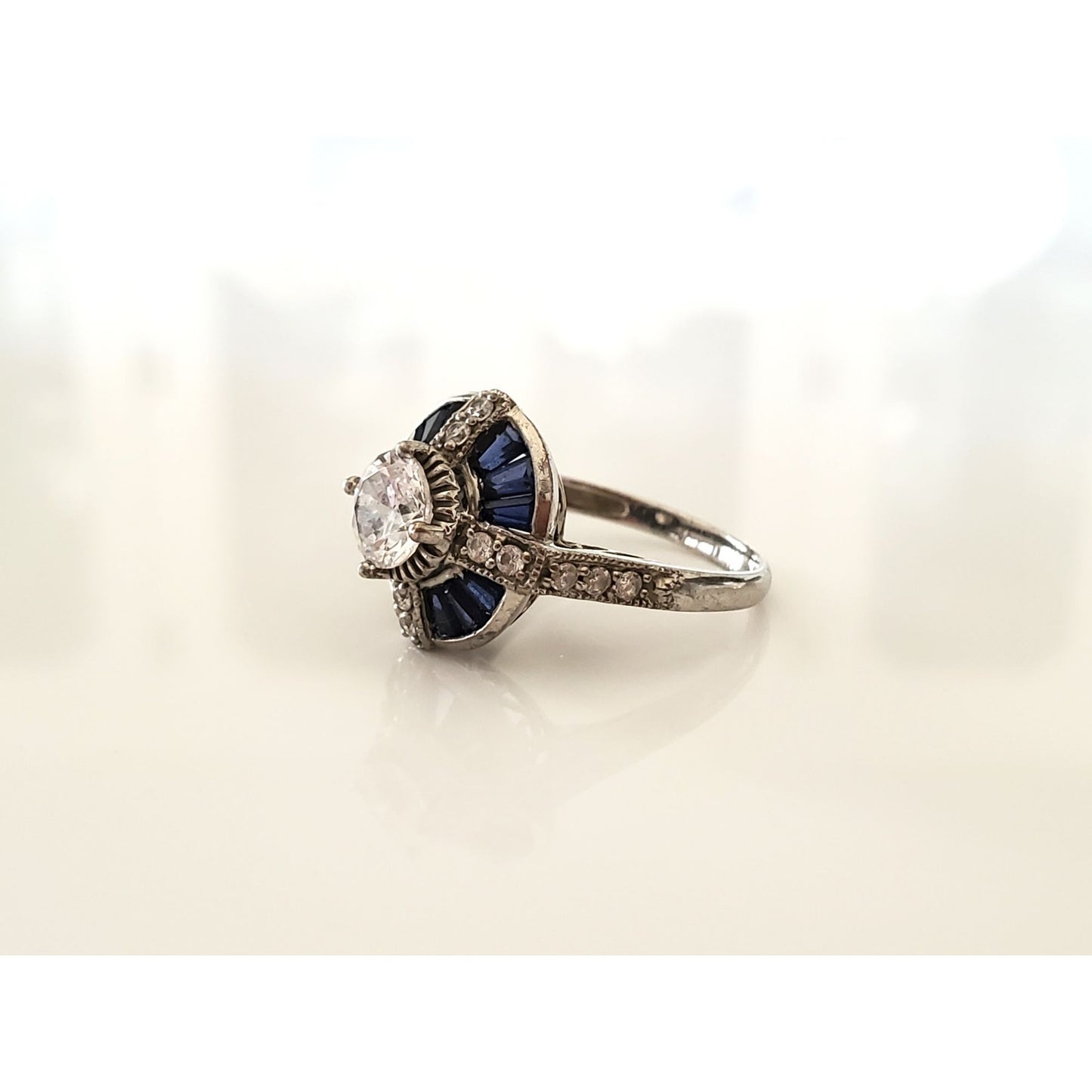 Sterling Silver Meda CZ and Blue Halo Stone Ring