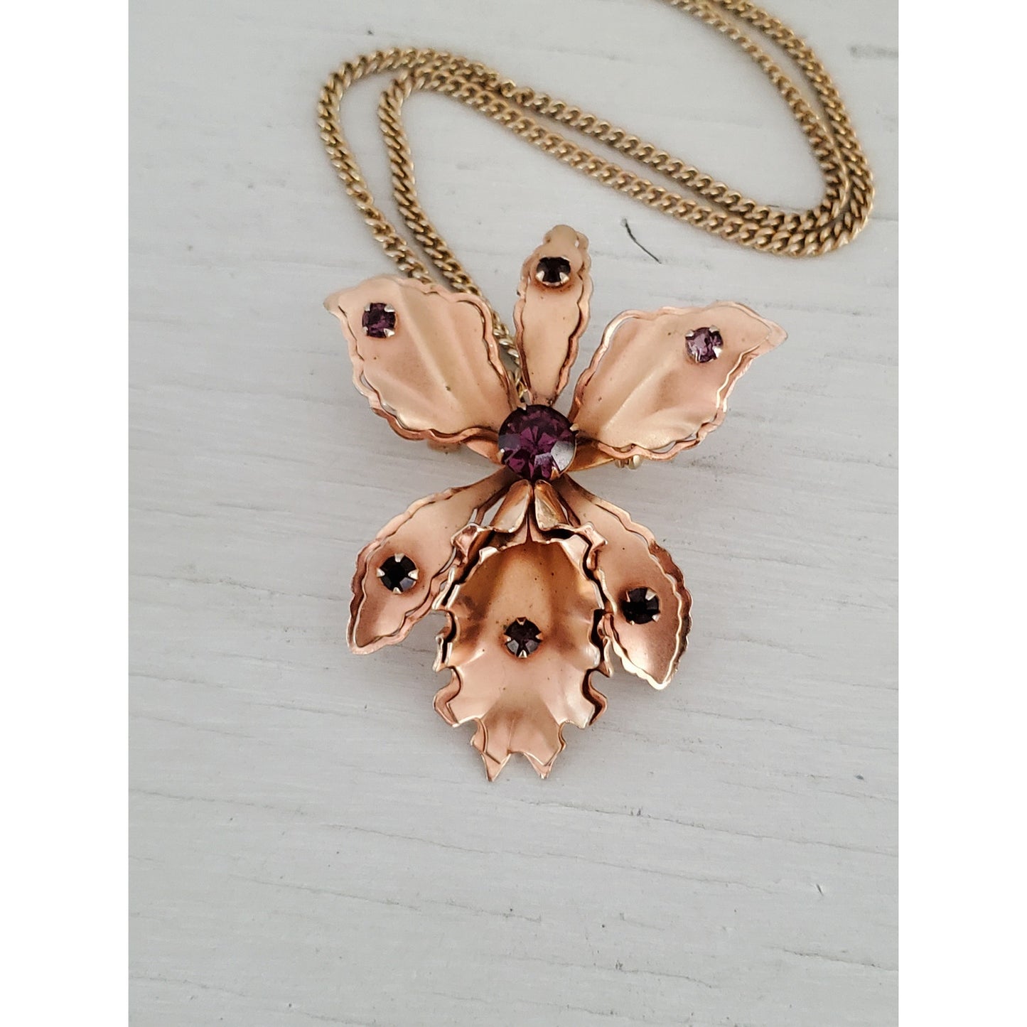 Bugbee and Niles Gold Tone and Purple Rhinestones Orchid Brooch Necklace