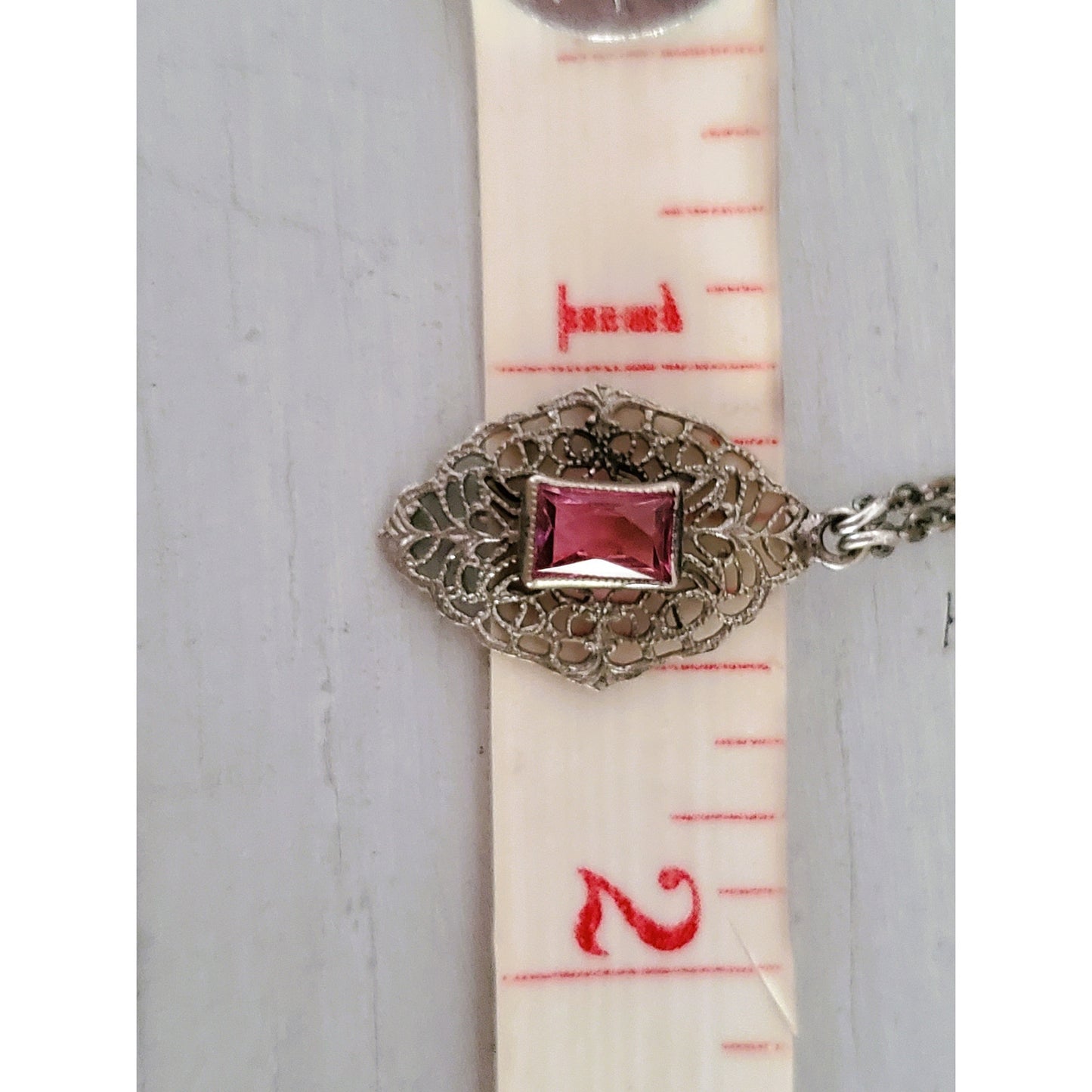 Antique Art Deco Pink Stone Filigree Child Size Necklace