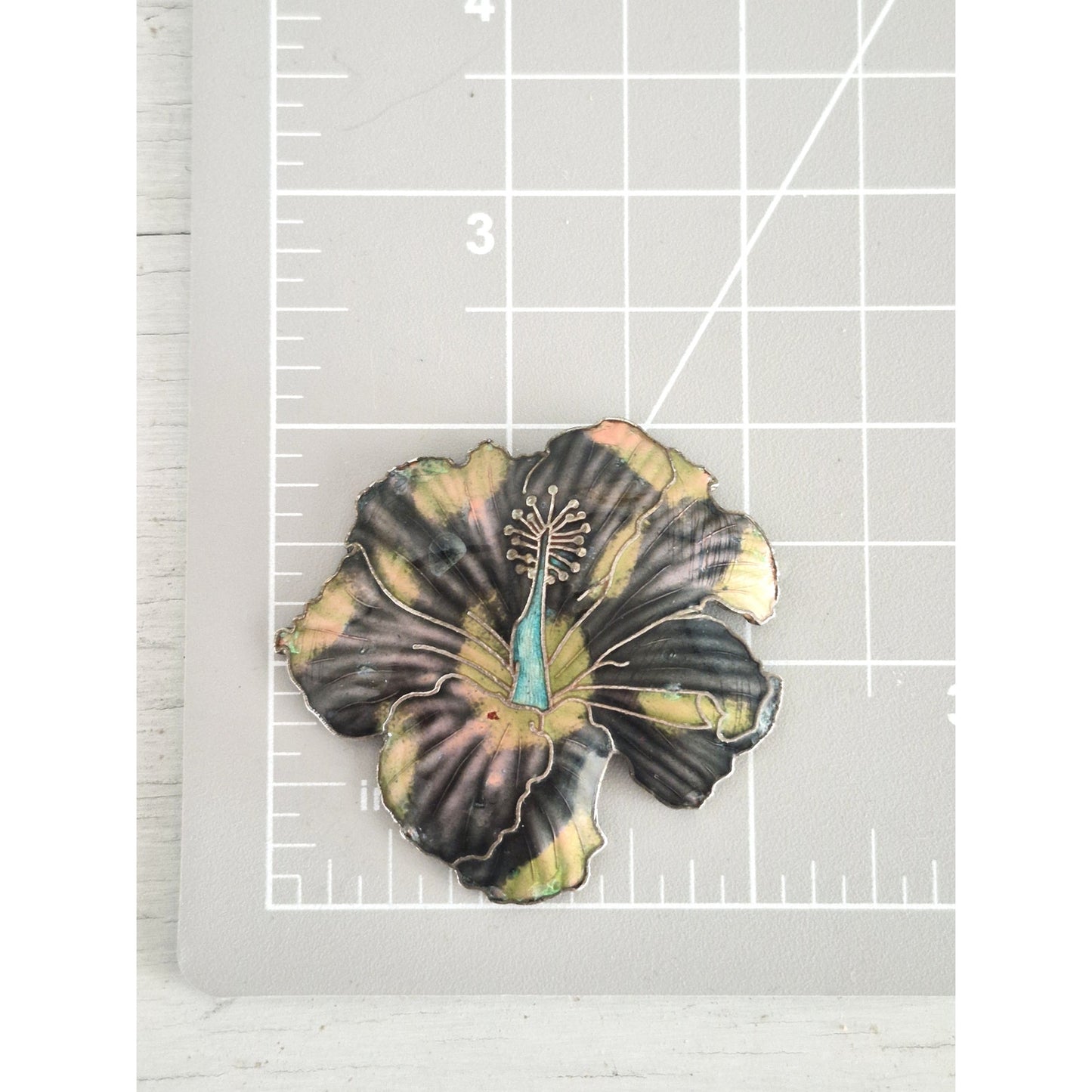 Vintage Black and Yellow Enamel and Silver-plated Hibiscus Brooch Pin