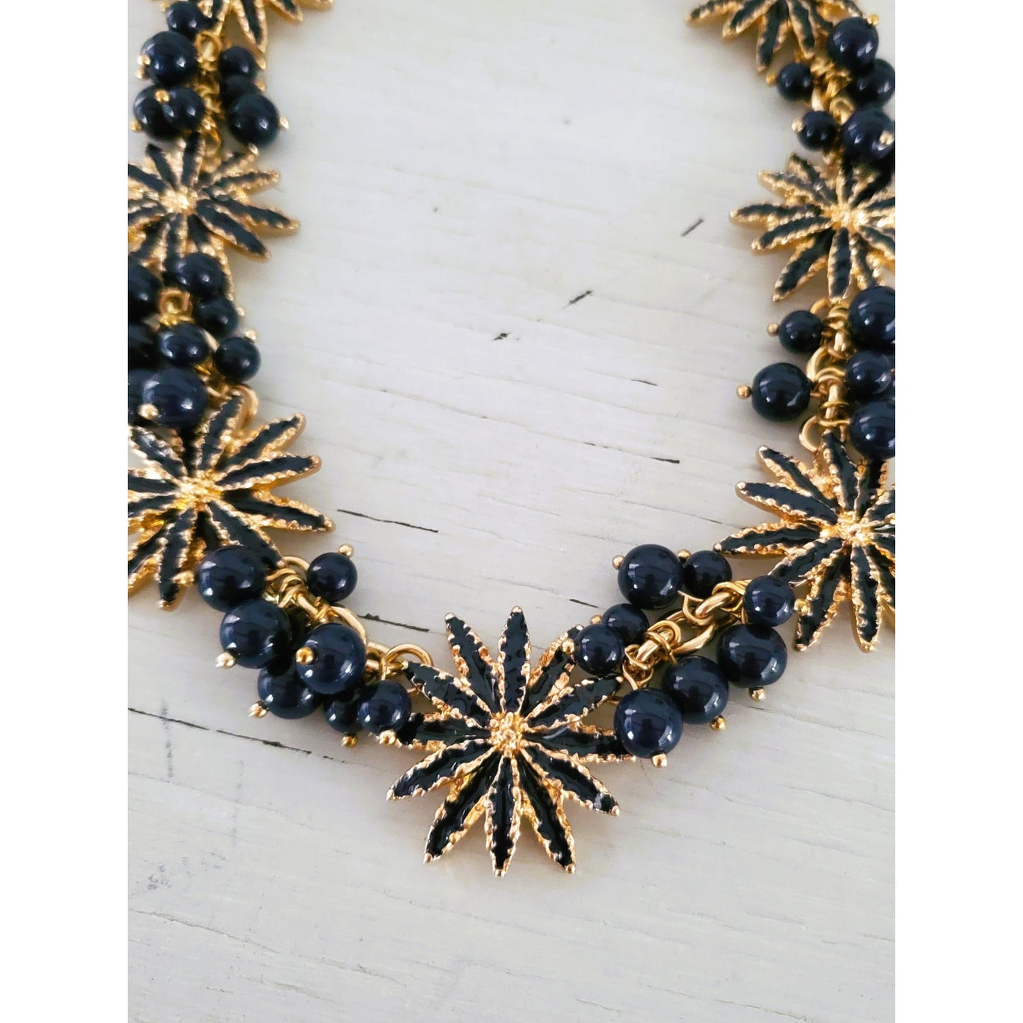 Talbots Navy Blue & Gold Tone Beaded Enamel Starburst Statement Necklace