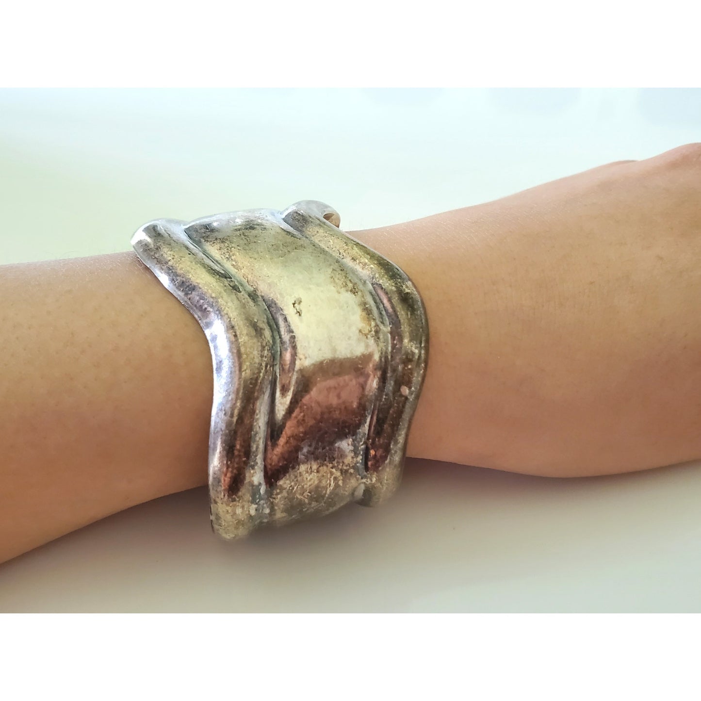Vintage Taxco Mexico Modernist Sterling Silver Wave Cuff Bracelet