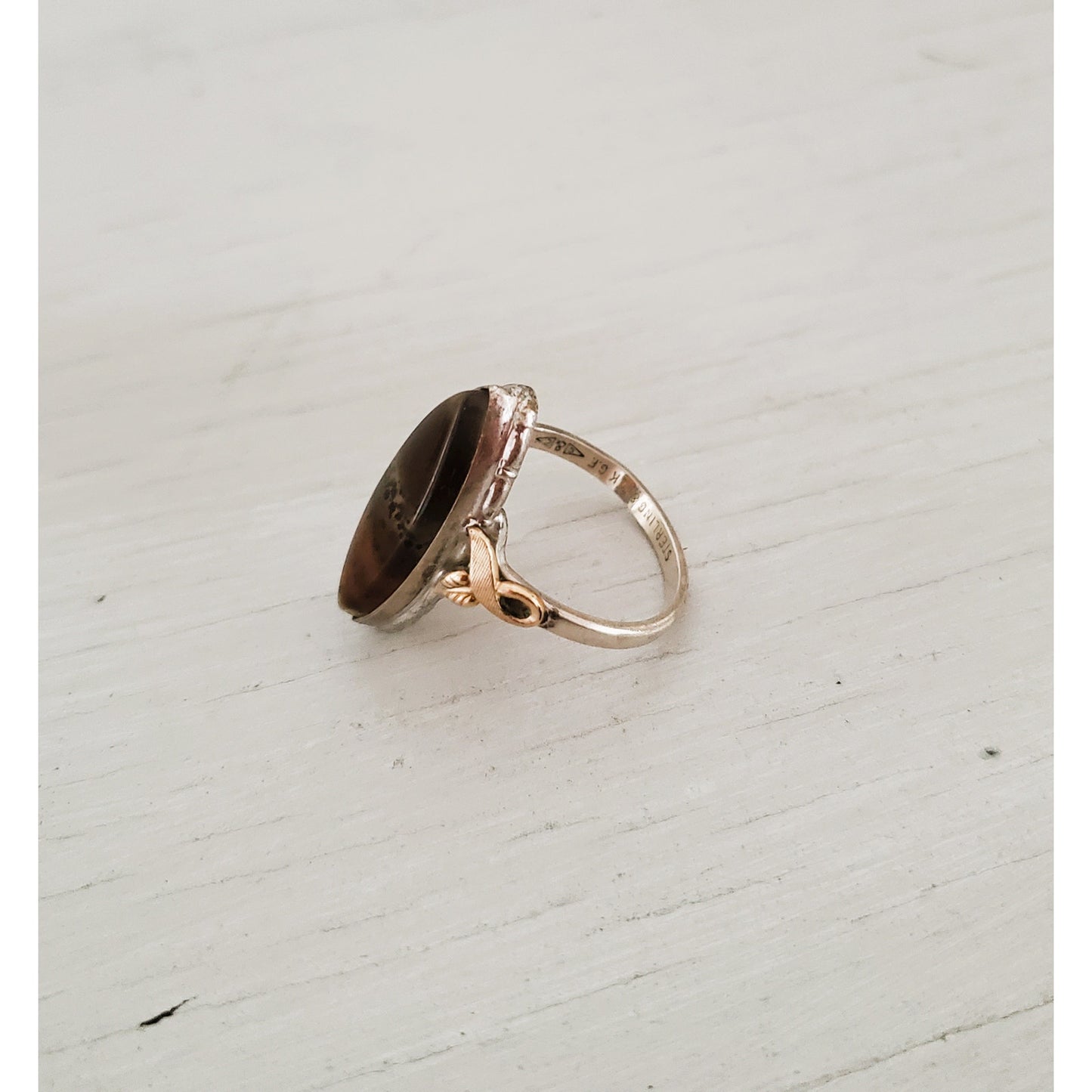 Vintage Clark & Coombs Sterling Silver and 10K Gold Filled Agate Ring