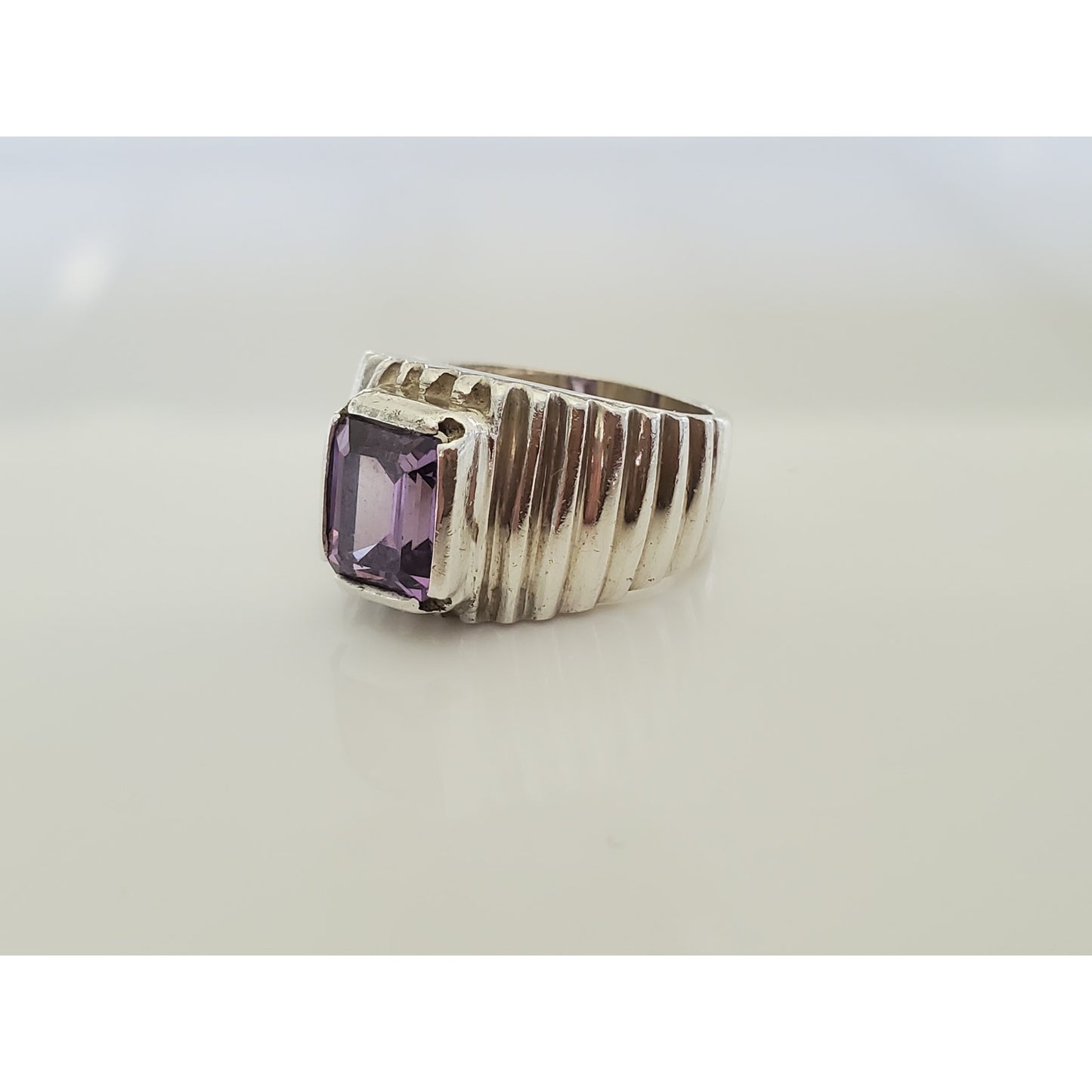 Ribbed Sterling Silver Amethyst Ring